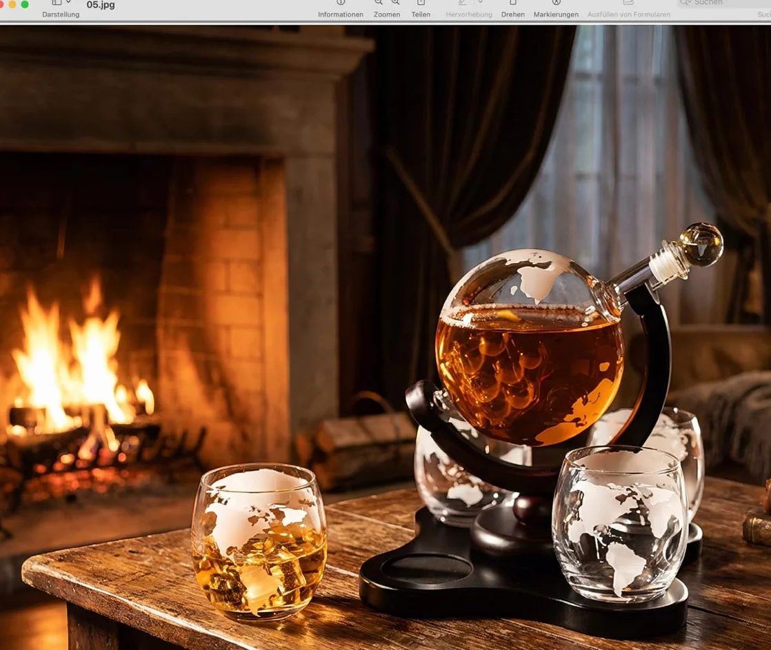 Hanseküche Zestaw karafki do whisky – globus dekanter 900 ml z 4 szklankami do whisky – elegancki zestaw dekanterów do whisky dla mężczyzn – pomysł na prezent na urodziny, Dzień Ojca lub Boże