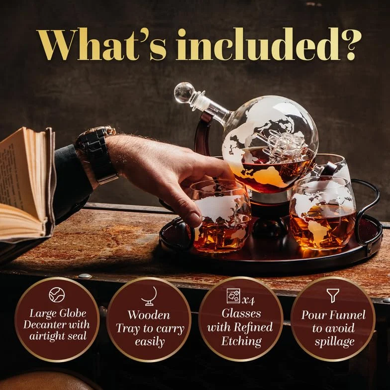 Karafka do whiskey, karafka z globusem do alkoholu, duża karafka dla mężczyzn i kobiet z drewnianą podstawą, spersonalizowany zestaw z 4 szklankami na alkohol, do szkockiej, burbonu, brandy, wódki