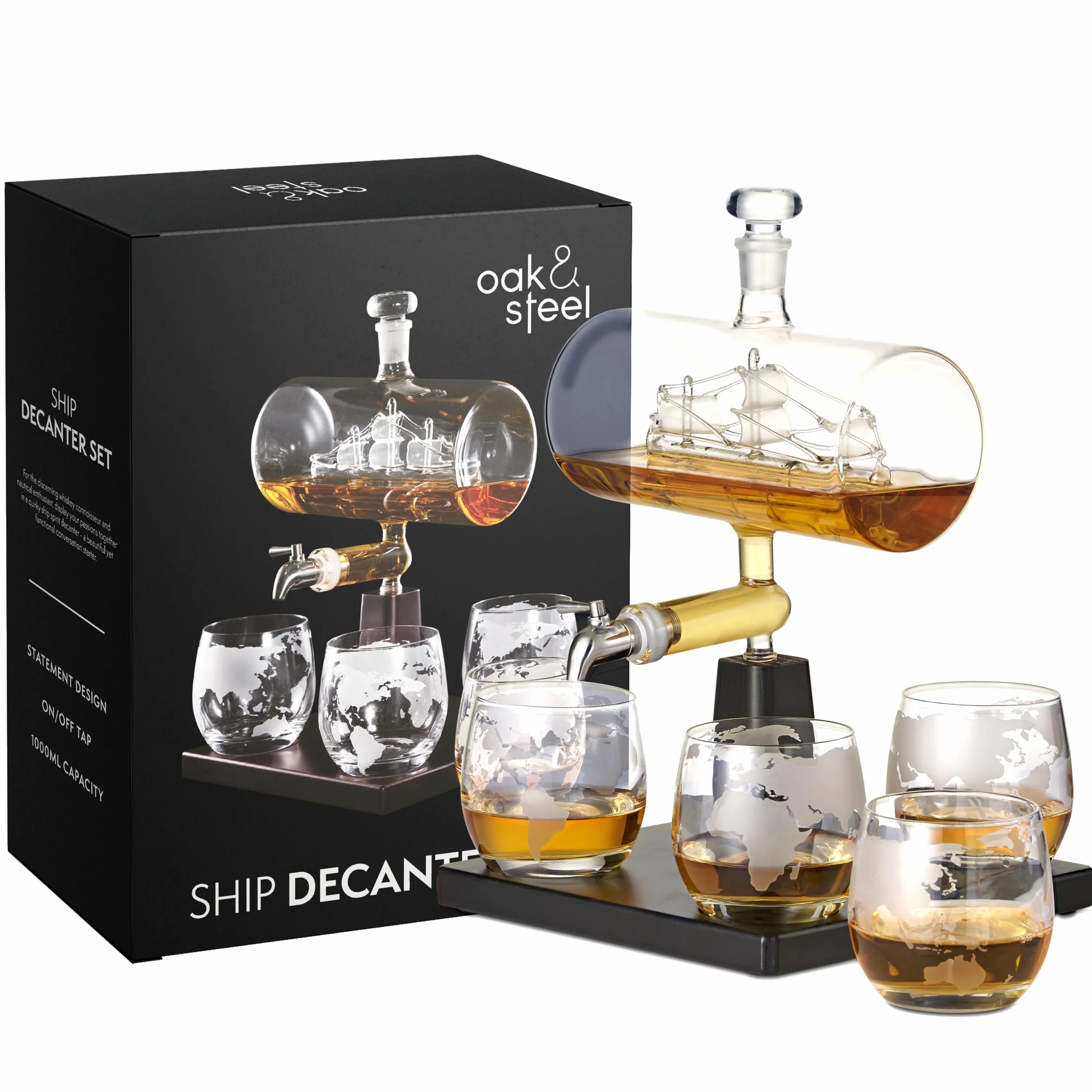 Oak & Steel - Karafka do Whisky (Statek, 1000ml) z Kranem ze Stali Nierdzewnej i 4 Szklankami Whisky (300ml) - Prezent dla Mężczyzn, Urodziny, Dzień Ojca, Boże Narodzenie