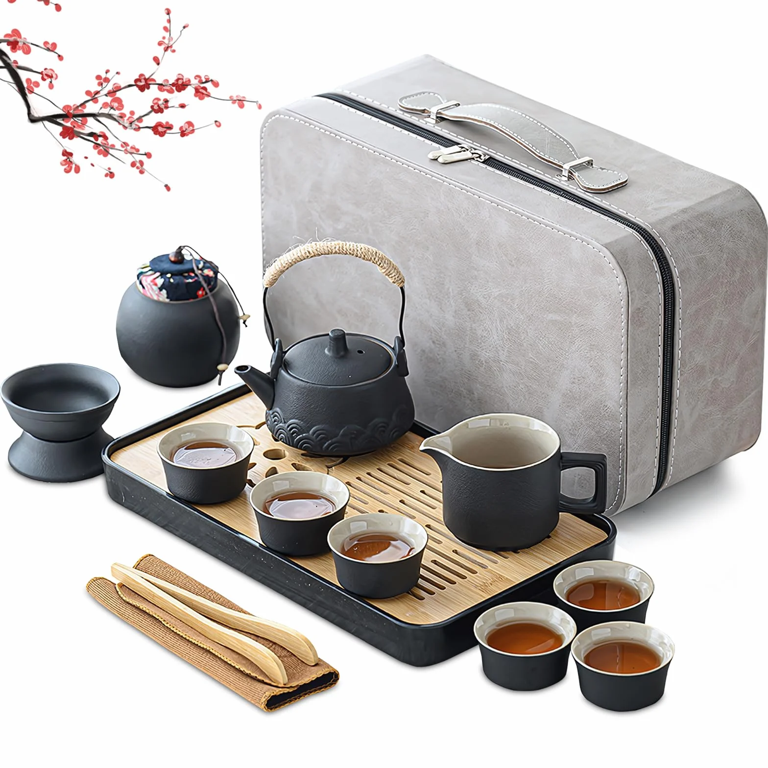 Czarny ceramiczny zestaw do herbaty chiński zestaw do herbaty prezenty 13 szt. z czajnikiem, filiżankami do herbaty, bambusową tacą na herbatę, cenisterem, zaparzaczem, tacą przenośną torbą