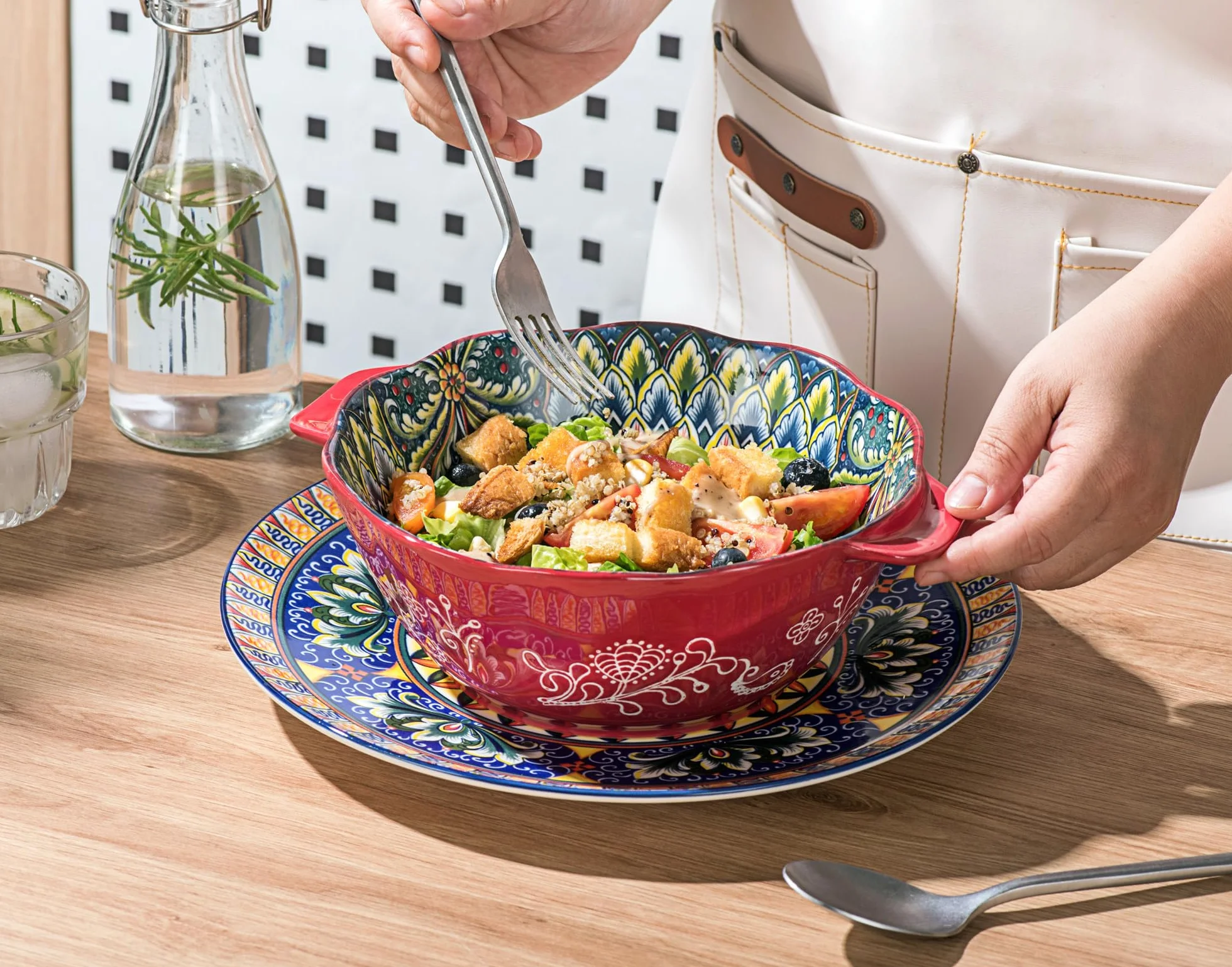 Henten Home Miska do sałatki z uchwytem, duże porcelanowe miski do serwowania, zestaw 56 ml, 1450 ml boho ceramiczna miska na ramen, zupę, owoce, sałatkę, kolorowy zestaw misek - styl boho