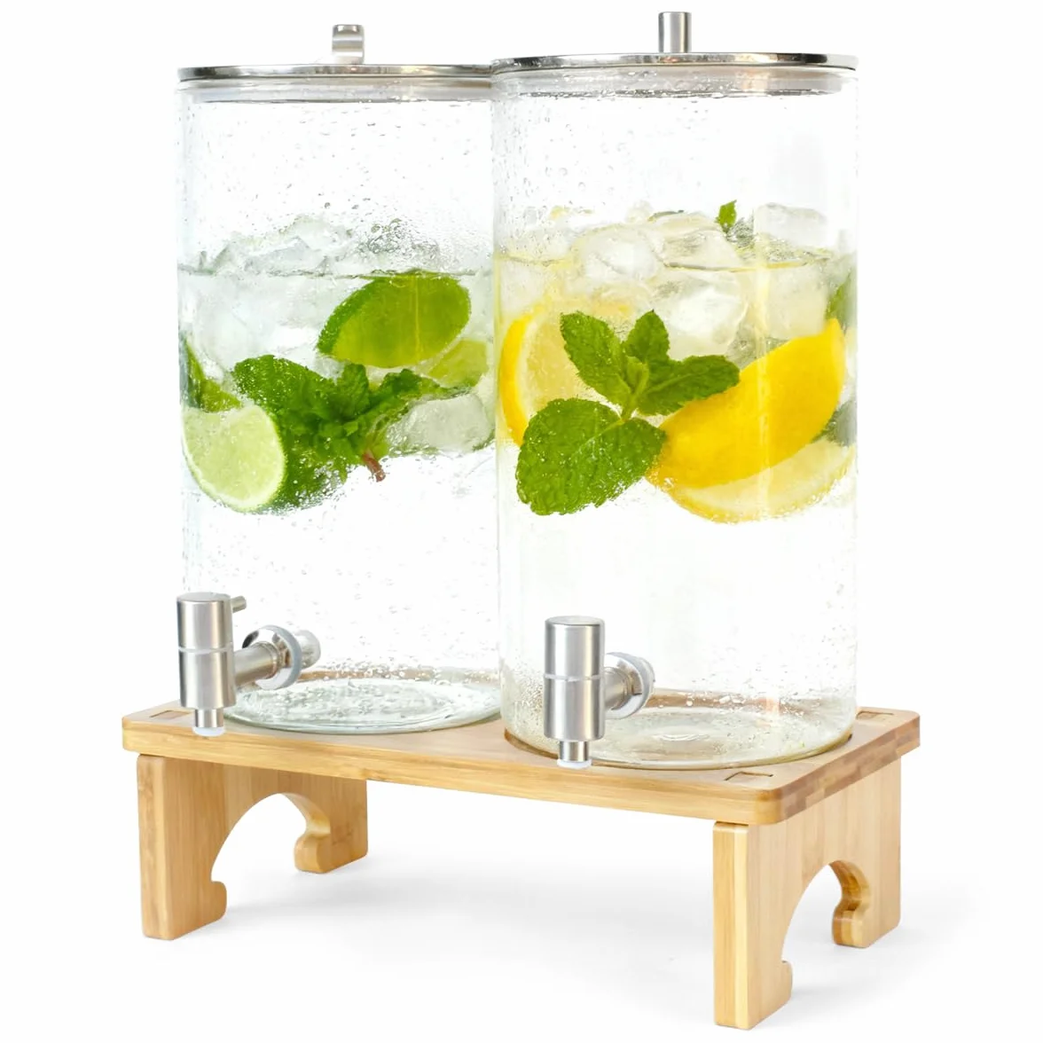2 x 6 l dozownik do napojów ze stojakiem, szklany dozownik do napojów z kranikiem z litej stali nierdzewnej, do mrożonych soków, wody, domowych napojów, imprez, wesel