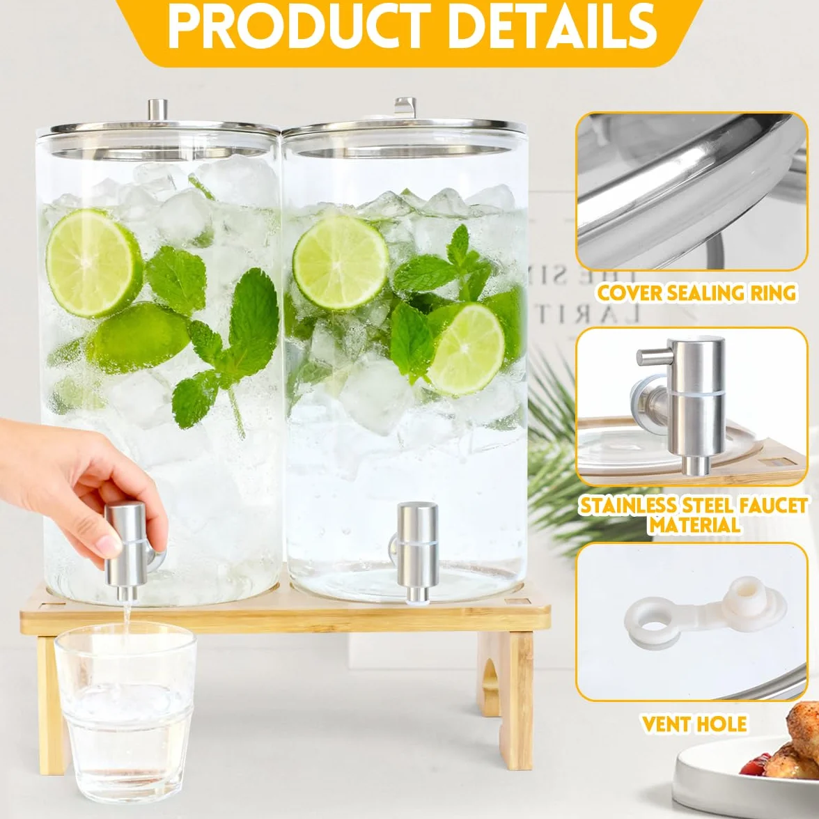 2 x 6 l dozownik do napojów ze stojakiem, szklany dozownik do napojów z kranikiem z litej stali nierdzewnej, do mrożonych soków, wody, domowych napojów, imprez, wesel