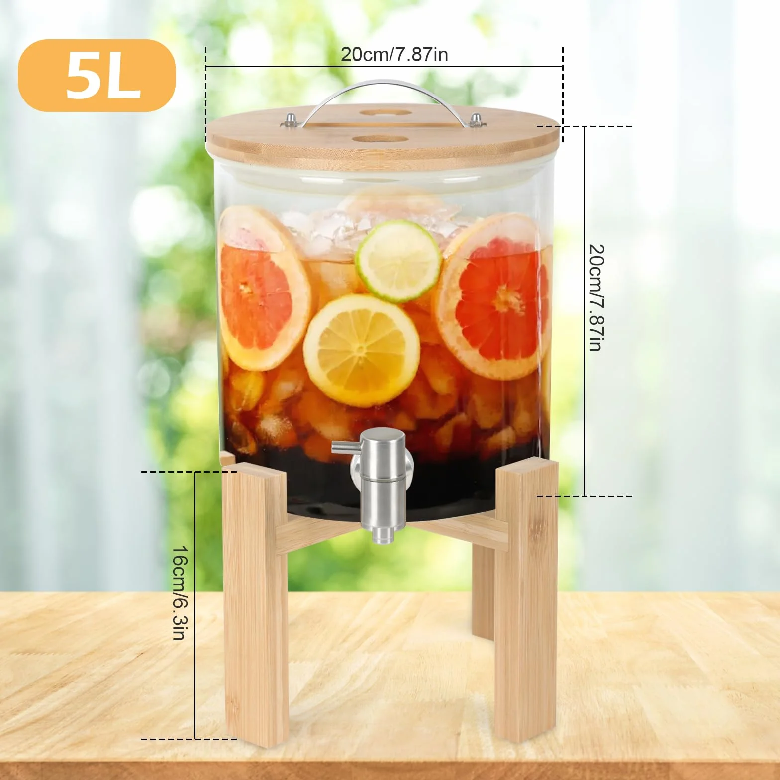 Szklany dozownik napojów, 5L szklany dozownik wody mrożonej z kranem, pokrywką i drewnianym stojakiem, karafka do whisky, szklana beczka na wino do gorących lub zimnych napojów, koktajli, soków