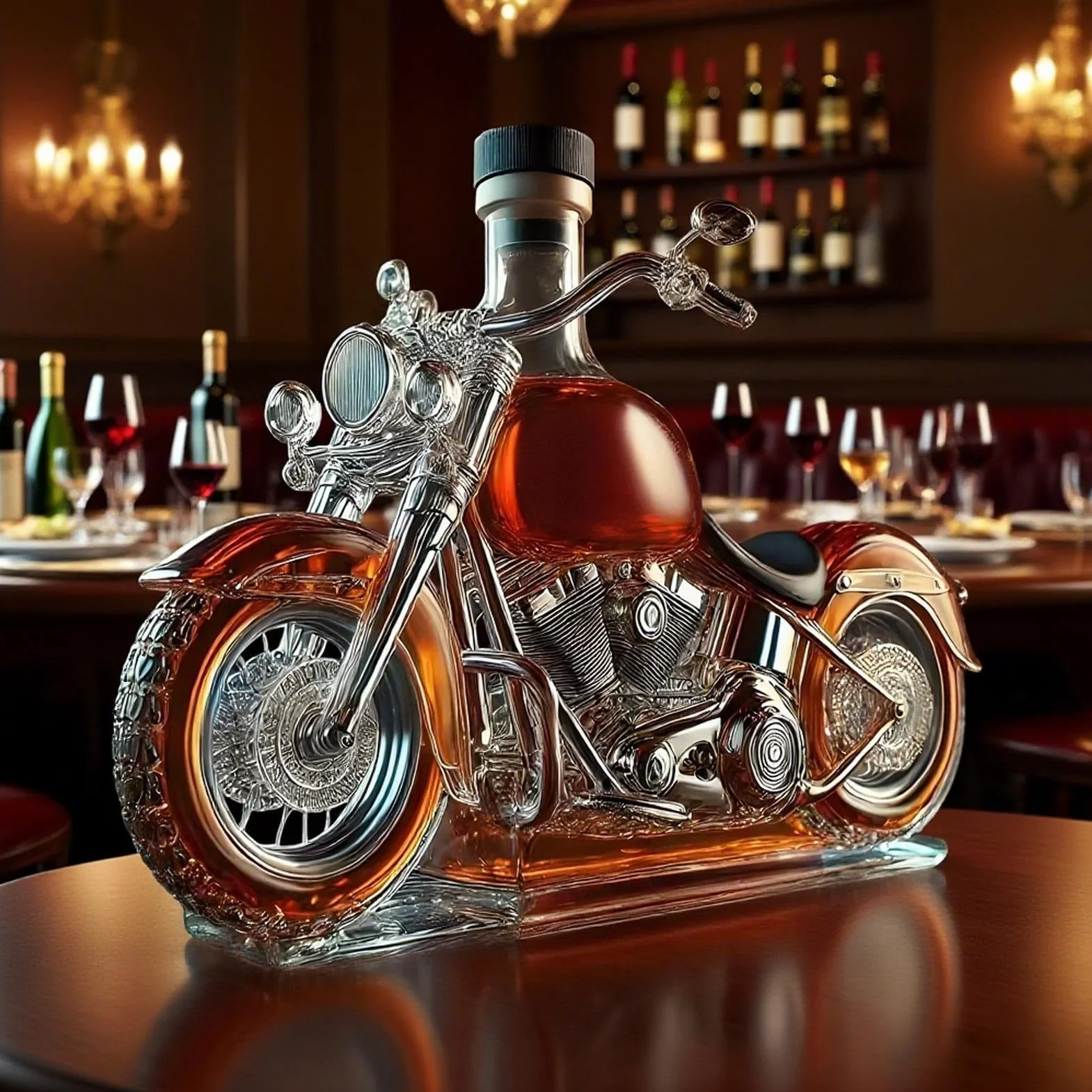 Elegancka karafka do wina, butelka napowietrzająca motocykla, stylowa ekspozycja, szklana konstrukcja w kształcie vintage, akcesoria do serwowania alkoholu, dekoracja kuchni domowej, restauracji, baru