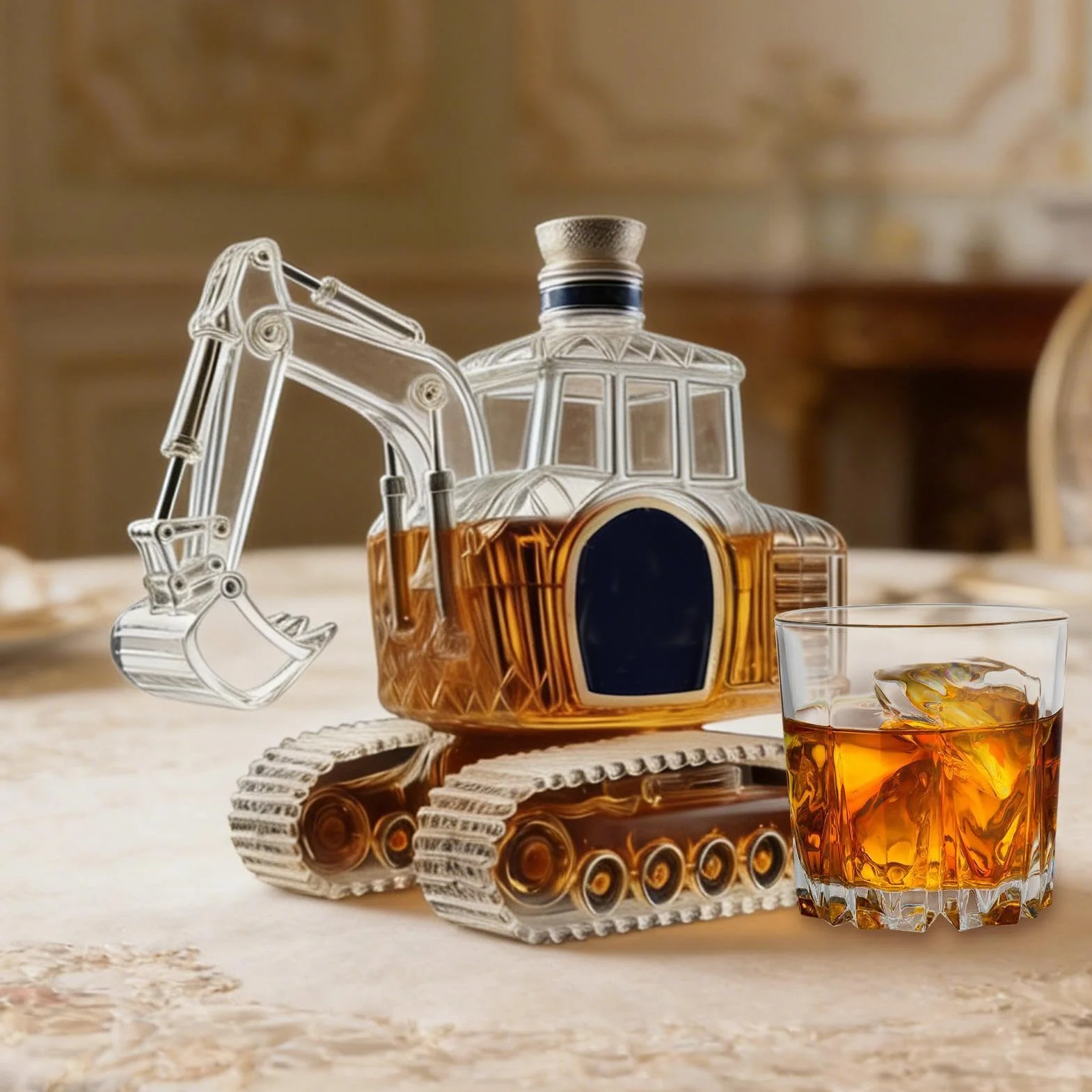 Butelka na whisky - szklana butelka w kształcie koparki dozownik alkoholu, szklana karafka na alkohol statuetka - dla mężczyzn taty ojców urodziny ślub parapetówka bar