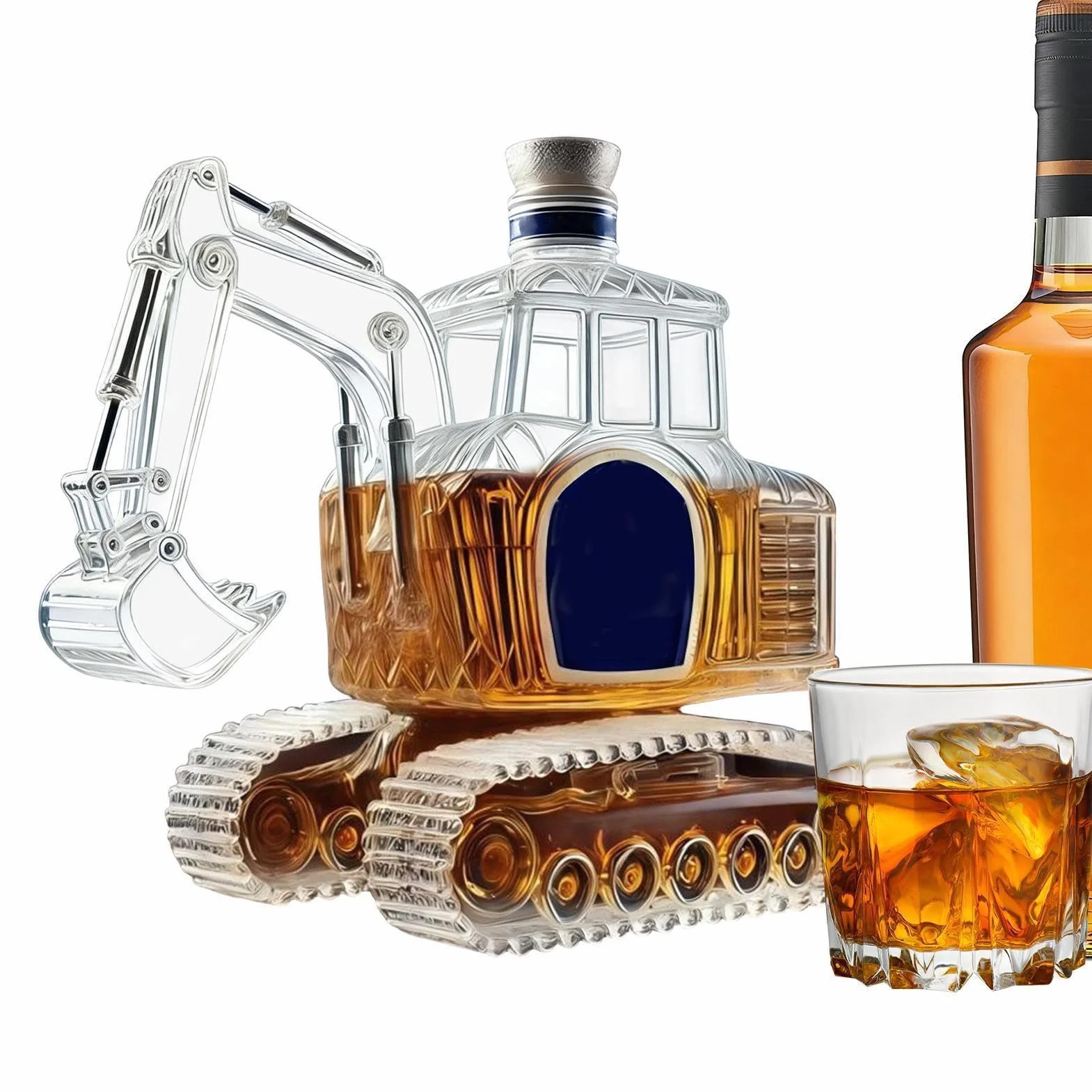 Butelka na whisky - szklana butelka w kształcie koparki dozownik alkoholu, szklana karafka na alkohol statuetka - dla mężczyzn taty ojców urodziny ślub parapetówka bar