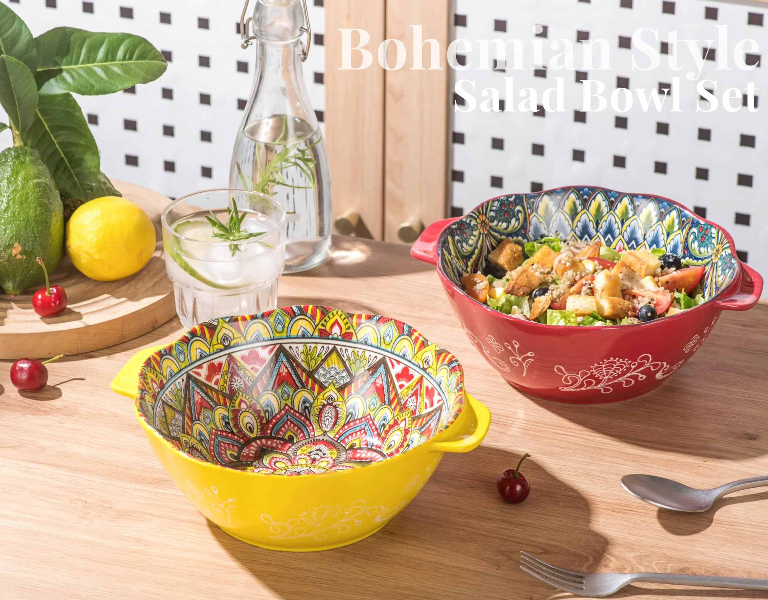 Henten Home Miska do sałatki z uchwytem, duże porcelanowe miski do serwowania, zestaw 56 ml, 1450 ml boho ceramiczna miska na ramen, zupę, owoce, sałatkę, kolorowy zestaw misek - styl boho