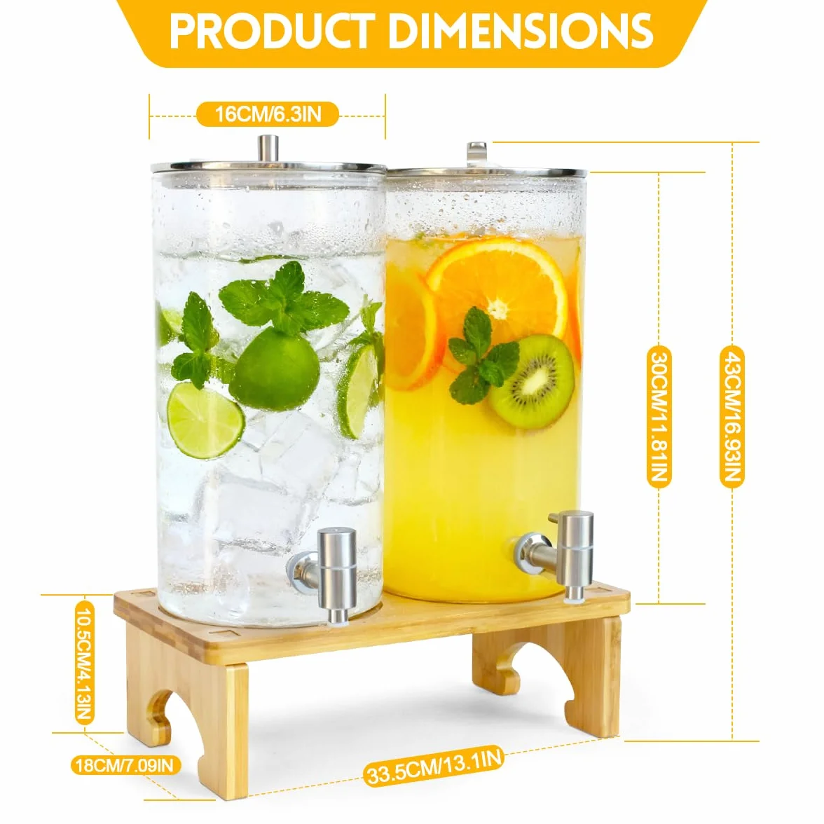 2 x 6 l dozownik do napojów ze stojakiem, szklany dozownik do napojów z kranikiem z litej stali nierdzewnej, do mrożonych soków, wody, domowych napojów, imprez, wesel