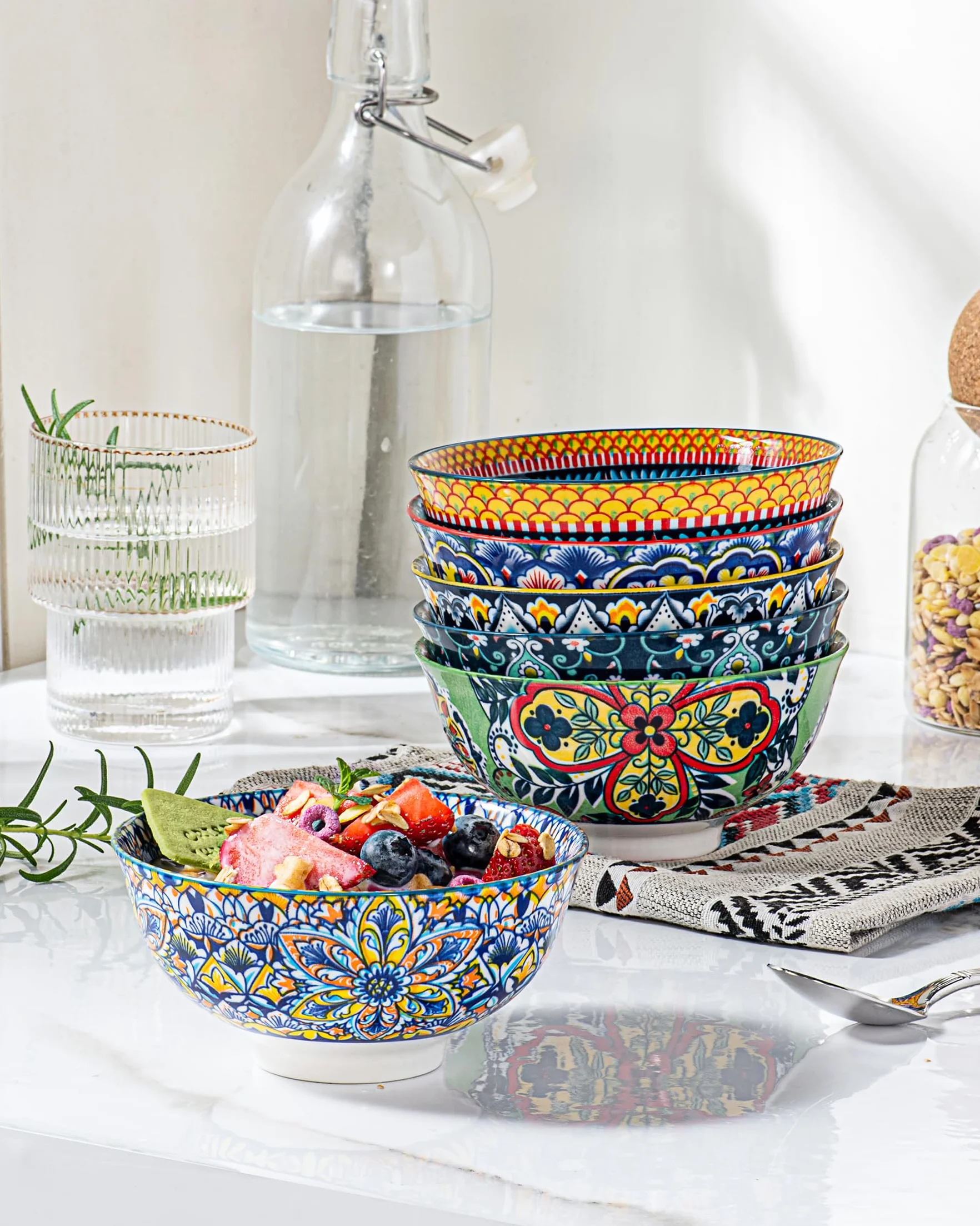 HENXFEN LEAD Porcelanowe miski na płatki śniadaniowe, zupy, lody, desery itp. kolorowe, 6 sztuk, styl boho