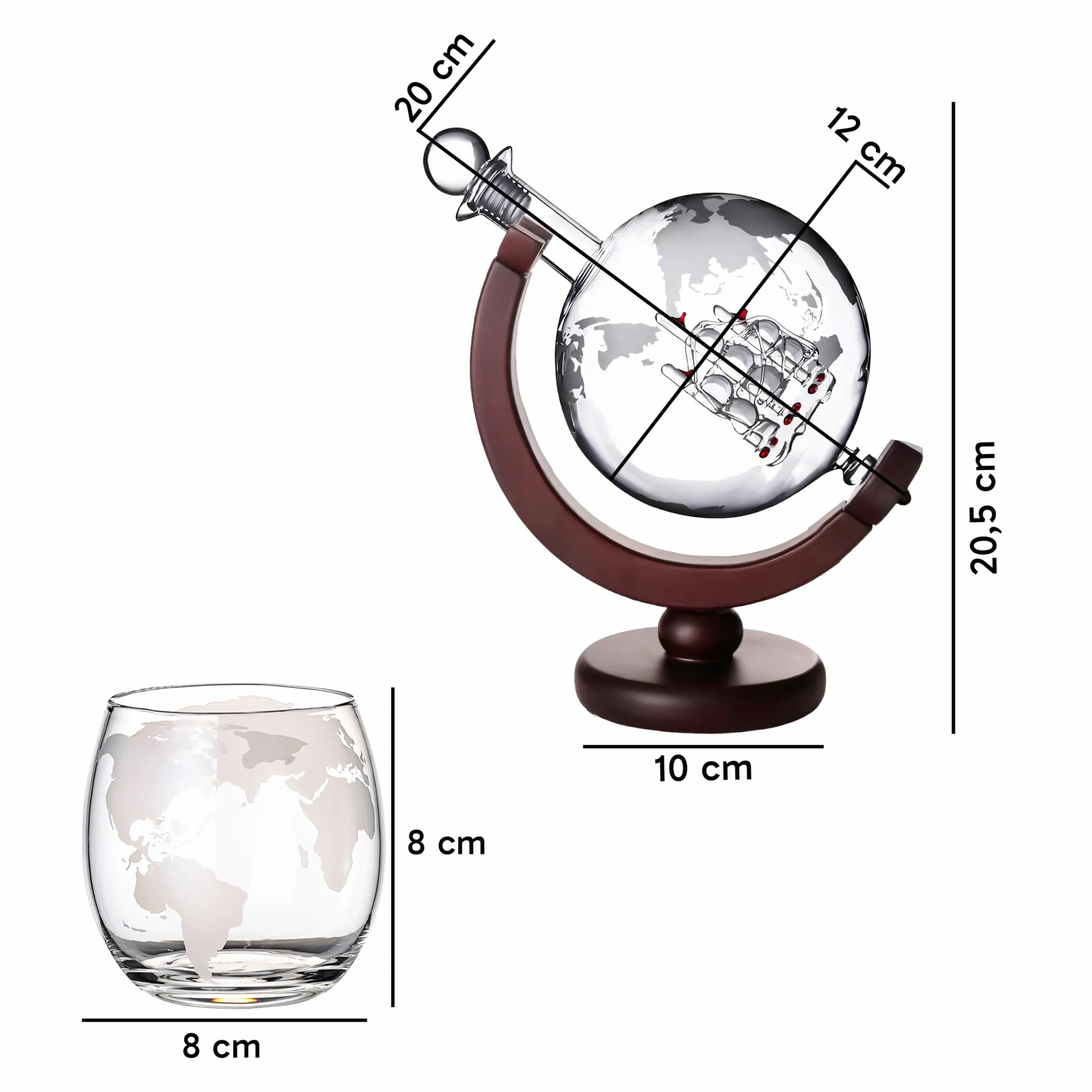 Retoo Zestaw karafki do whisky, globus, dekanter z dwiema szklankami whisky, zestaw prezentowy, prezent urodzinowy, prezent dla mężczyzn, akcesoria do alkoholu, 850 ml, 9 kamieni do whisky, szczypce