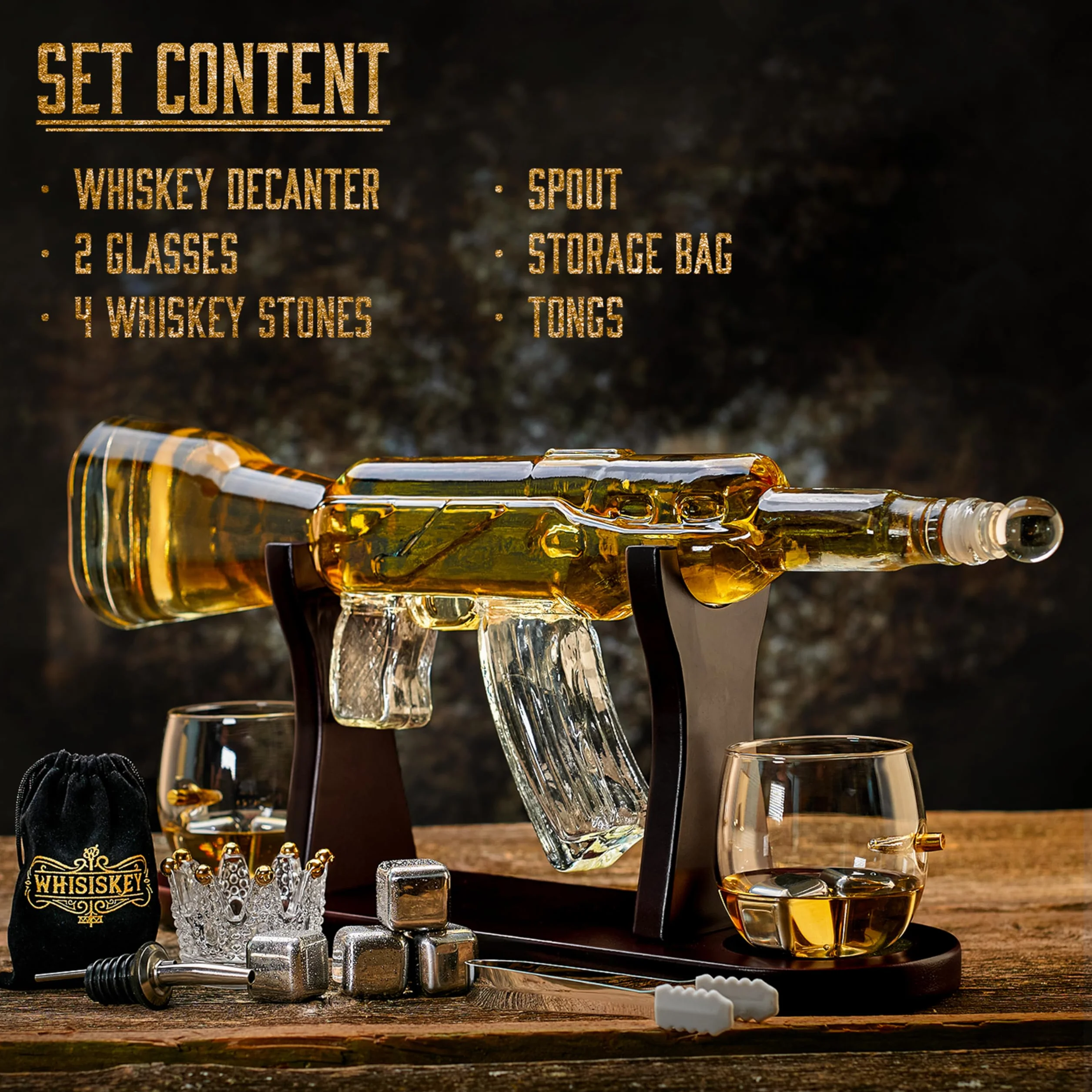 WHISISKEY Zestaw Karafka do Whisky - Zestaw Prezentowy Whiskey - Prezenty dla Mężczyzn - Pomysły na Prezent dla Mężczyzny - Karafka 1000ML, 2 Szklanki do Whisky, 4 Kamienie do Whisky, Akcesoria