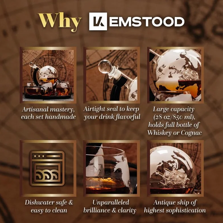 Karafka do whiskey, karafka z globusem do alkoholu, duża karafka dla mężczyzn i kobiet z drewnianą podstawą, spersonalizowany zestaw z 4 szklankami na alkohol, do szkockiej, burbonu, brandy, wódki
