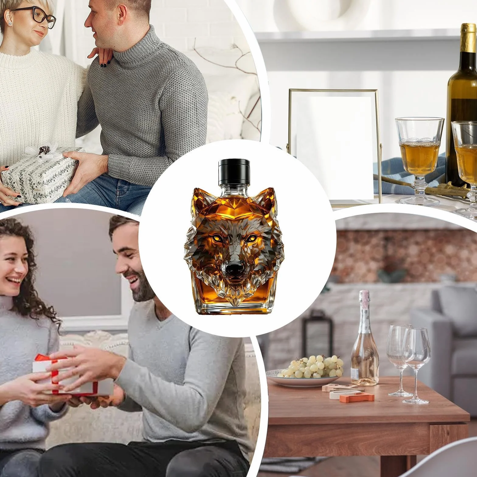 Wolf butelka do whisky, w stylu vintage, wilk, karafka do whisky z herbem, wytrzymała i funkcjonalna konstrukcja do domowego baru, kolekcjonerskiego, likieru z motywem zwierzęcym