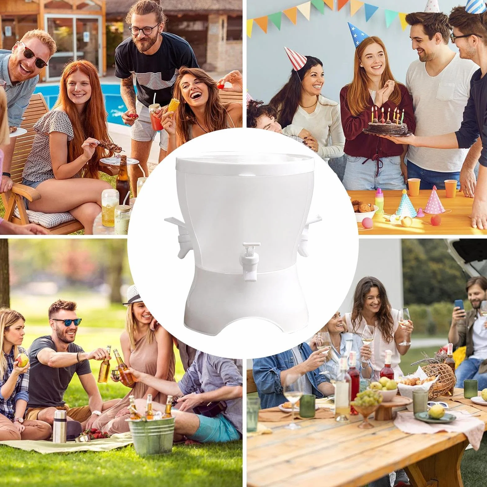 Beverage Dispenser, 5.3L Drink Dispenser with Spigot, Rotating Jug, Leakproof Pitcher, Sturdy Water Container Three Compartment Design for Juice Iced Tea Lemonade Cold Brew