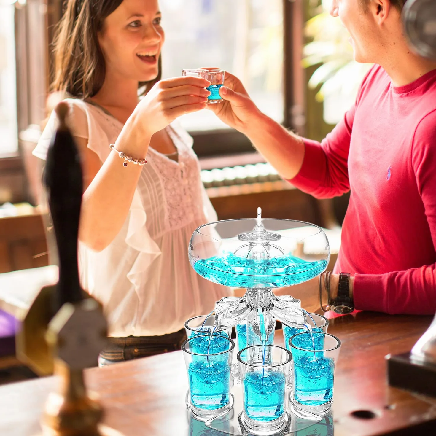Dozownik do napojów z 6 kieliszkami, zestaw, 18 efektów świetlnych, akrylowy, bezdotykowy dozownik soków, alkoholi, cydru, whisky, koktajli, zabawne akcesoria barowe i domowe, V2 LED
