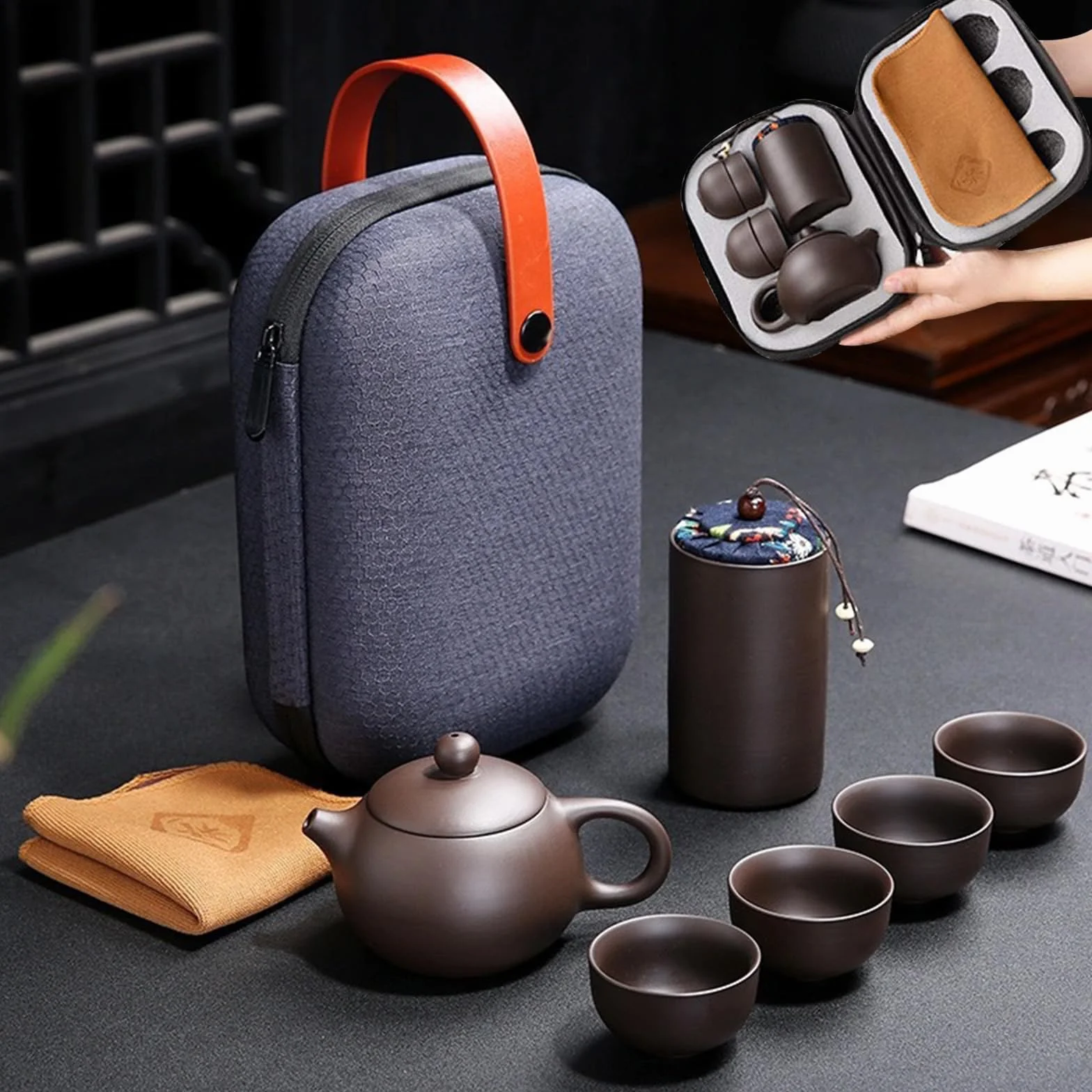Podróżne zestawy do herbaty ceramiczny chiński kung fu japoński fioletowy gliniany zestaw dzbanka do herbaty tradycyjny ręcznie robiony czajniczek, pojemnik na herbatę, 4 filiżanki, mata do herbaty i