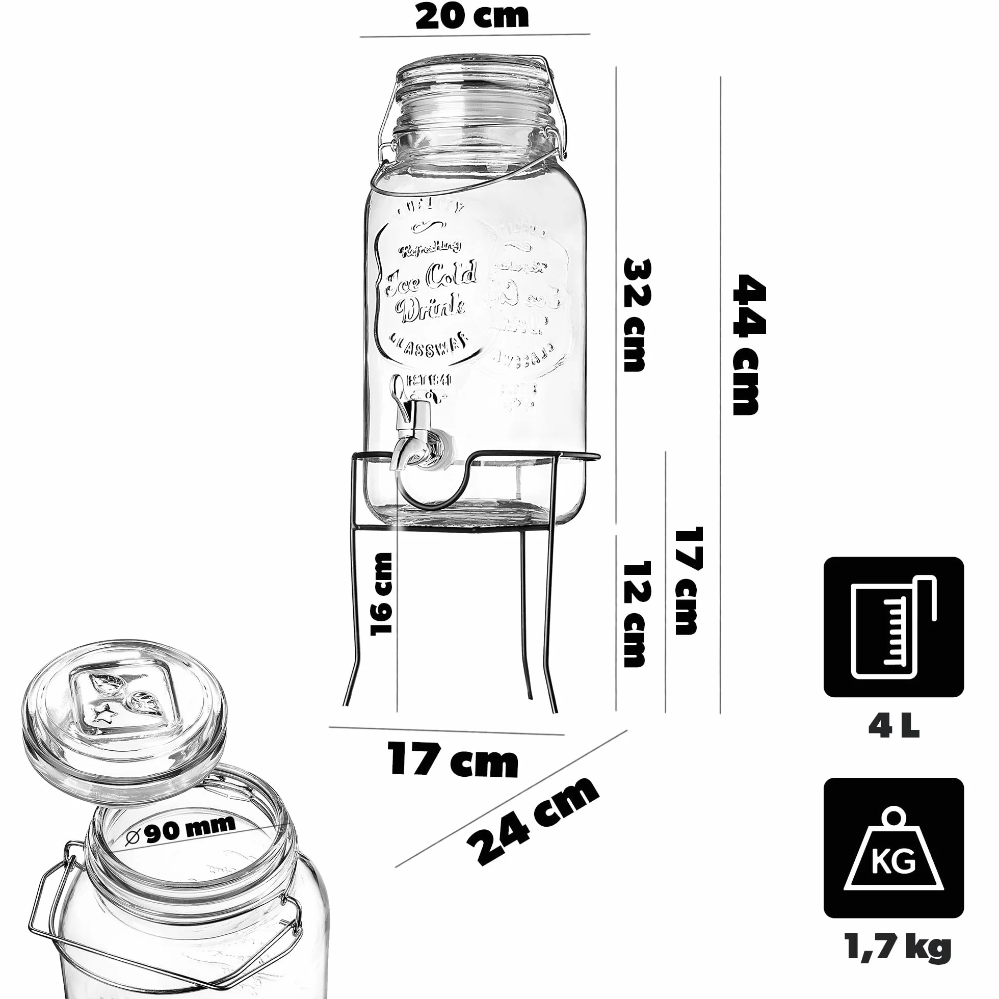 KADAX Dozownik do napojów 4L z podstawą, dozownik soku ze szkła, dozownik wody z kranikiem i pokrywką, dozownik do limonady, dozownik do zimnych napojów (Model 2)