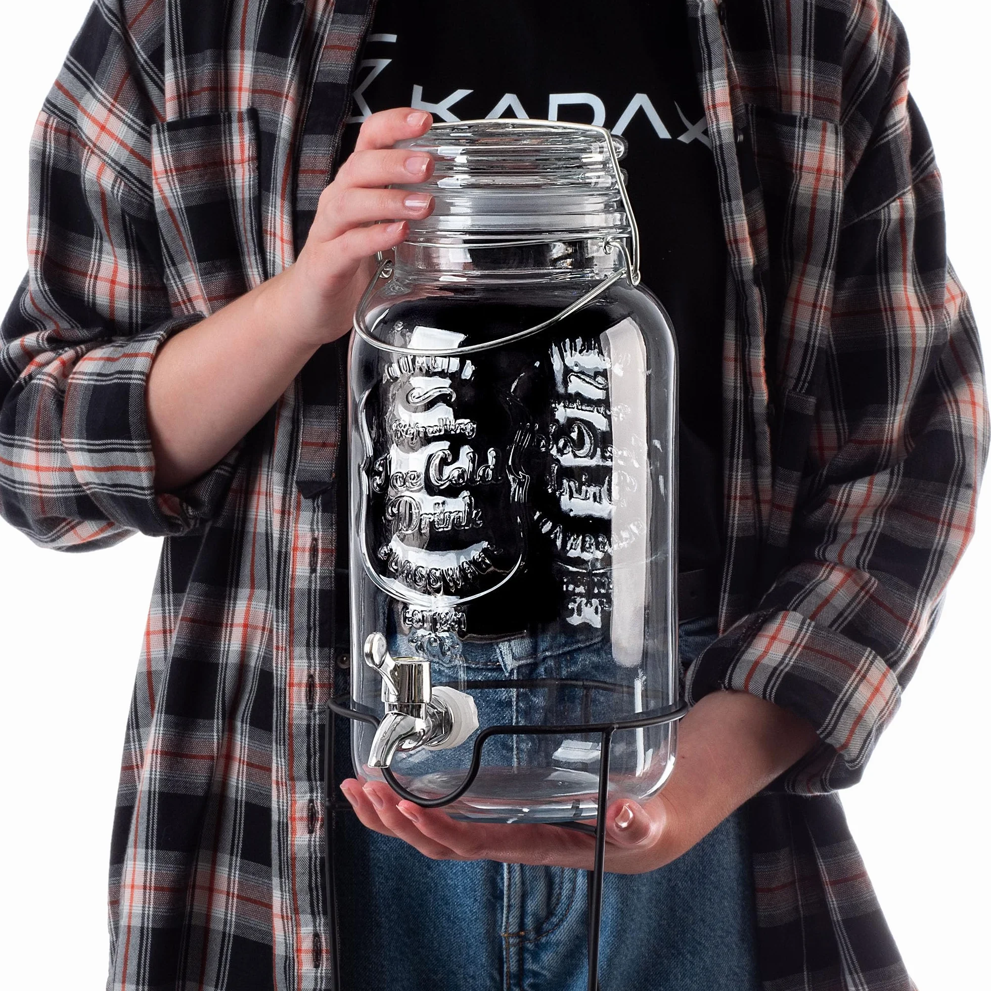 KADAX Dozownik do napojów 4L z podstawą, dozownik soku ze szkła, dozownik wody z kranikiem i pokrywką, dozownik do limonady, dozownik do zimnych napojów (Model 2)