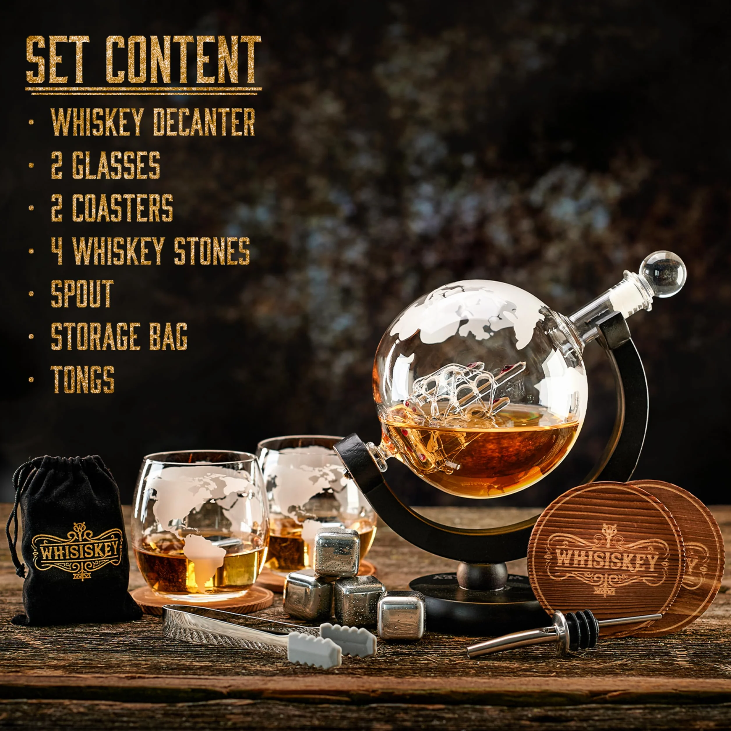 WHISISKEY Zestaw Karafka do Whisky - Zestaw Prezentowy Whiskey - Prezenty dla Mężczyzn - Pomysły na Prezent dla Mężczyzny - Kulista Karafka 900ML, 2 Szklanki do Whisky, 4 Kamienie do Whisky