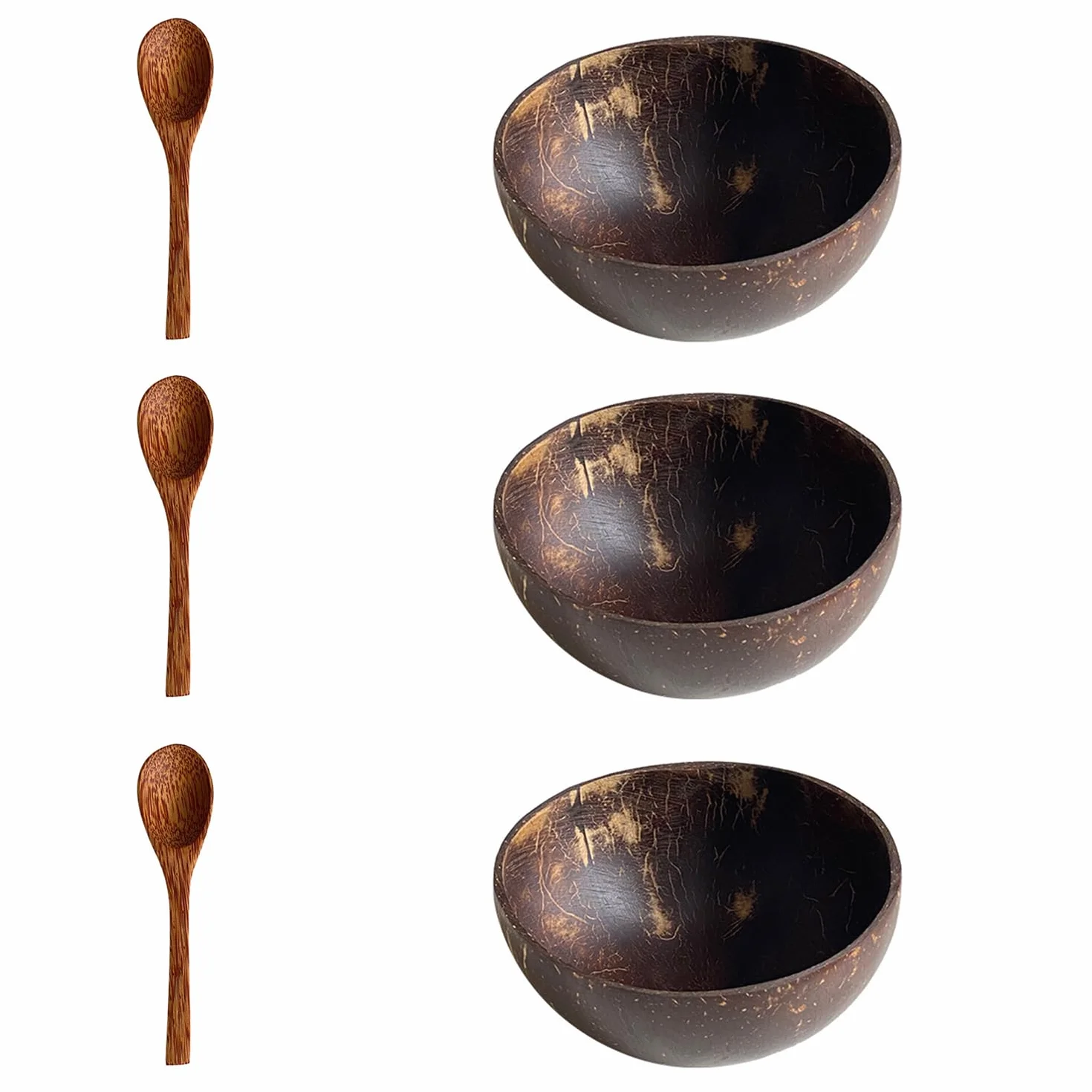 Ręcznie robione skorupki kokosowe, 3-częściowy zestaw misek ze skorupek kokosowych, Coconut bowls set, Smoothie Bowl, miski bez plastiku z łyżeczkami, idealne jako miska do musli, wegańskie