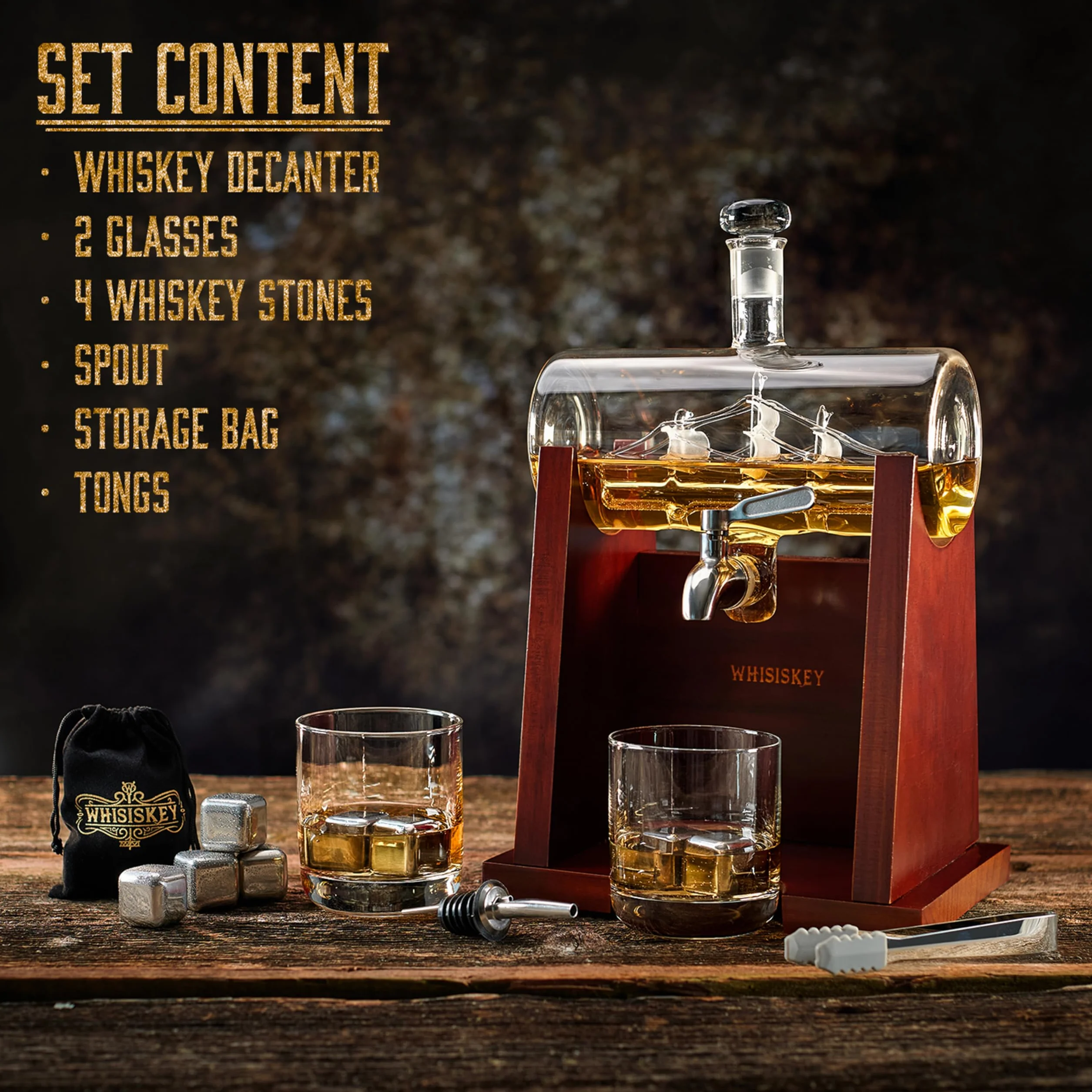 WHISISKEY Zestaw Karafka do Whisky - Zestaw Prezentowy Whiskey - Prezenty dla Mężczyzn - Pomysły na Prezent dla Mężczyzny - Żaglówki Karafka 1100ML, 2 Szklanki do Whisky, 4 Kamienie do Whisky