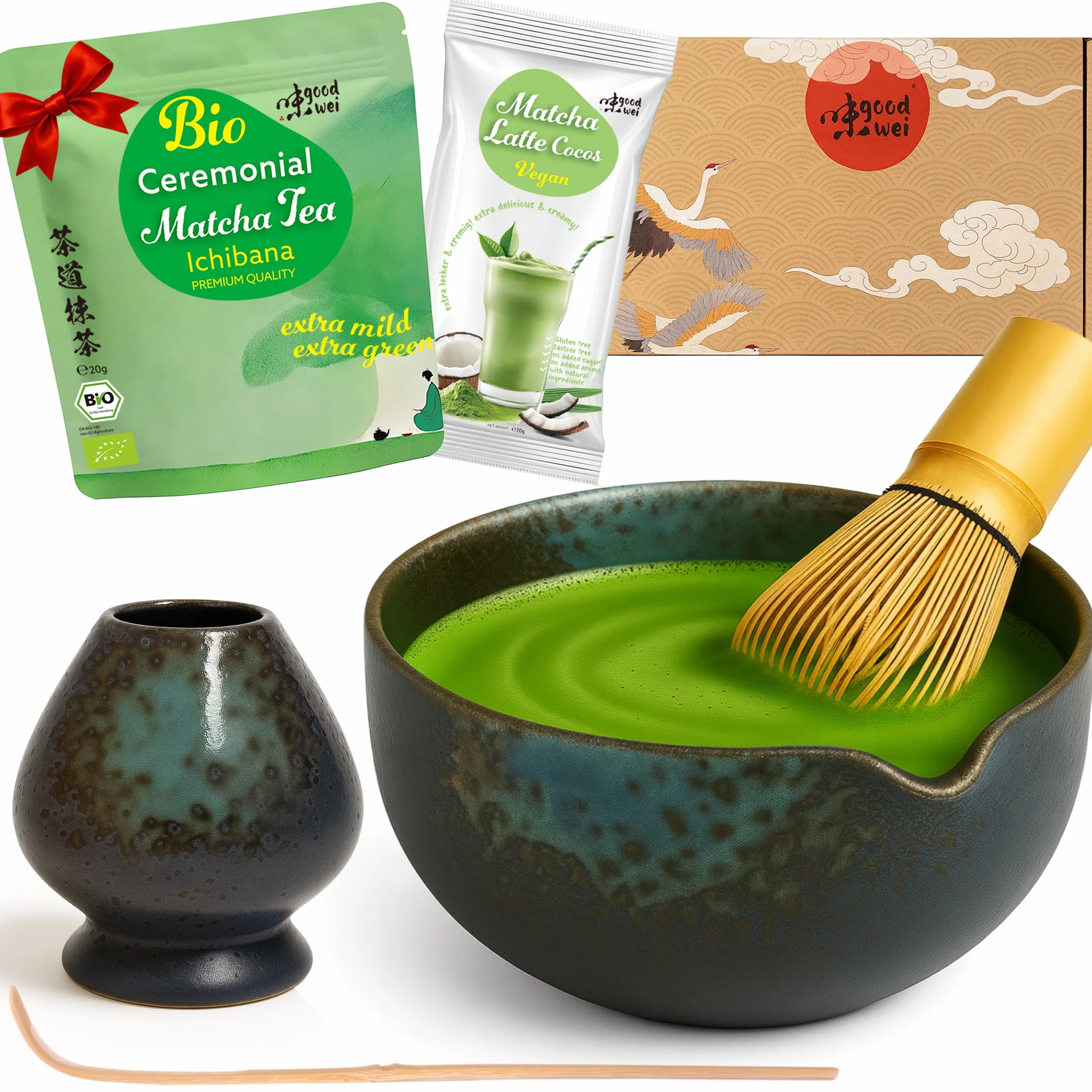 Goodwei Zestaw Matcha Latte do Herbaty Matcha z Miską, Trzepaczką Bambusową, Podstawką, Łyżeczką i Matchą Ekologiczną – Zestaw do Ceremonii Herbacianej i Matcha Latte (Rokusho)