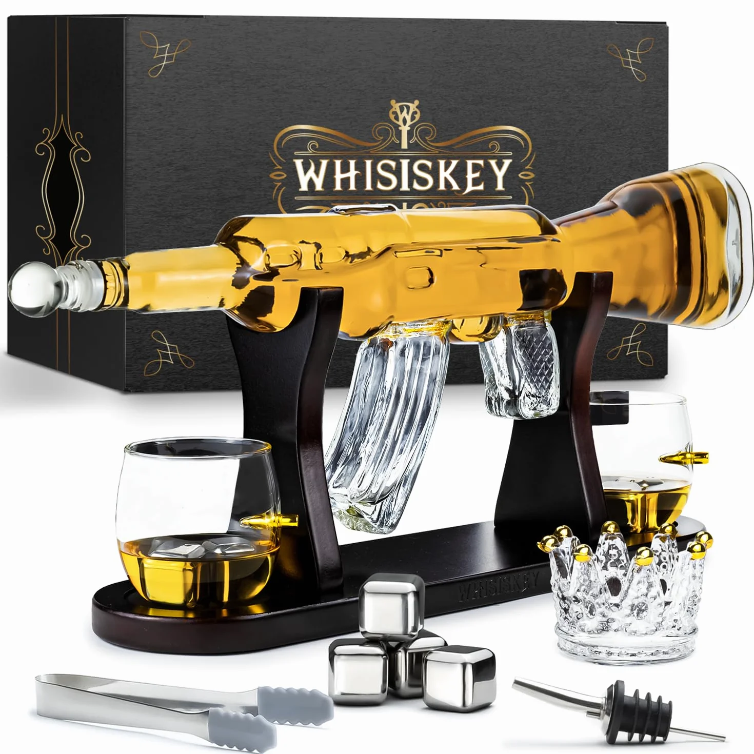 WHISISKEY Zestaw Karafka do Whisky - Zestaw Prezentowy Whiskey - Prezenty dla Mężczyzn - Pomysły na Prezent dla Mężczyzny - Karafka 1000ML, 2 Szklanki do Whisky, 4 Kamienie do Whisky, Akcesoria