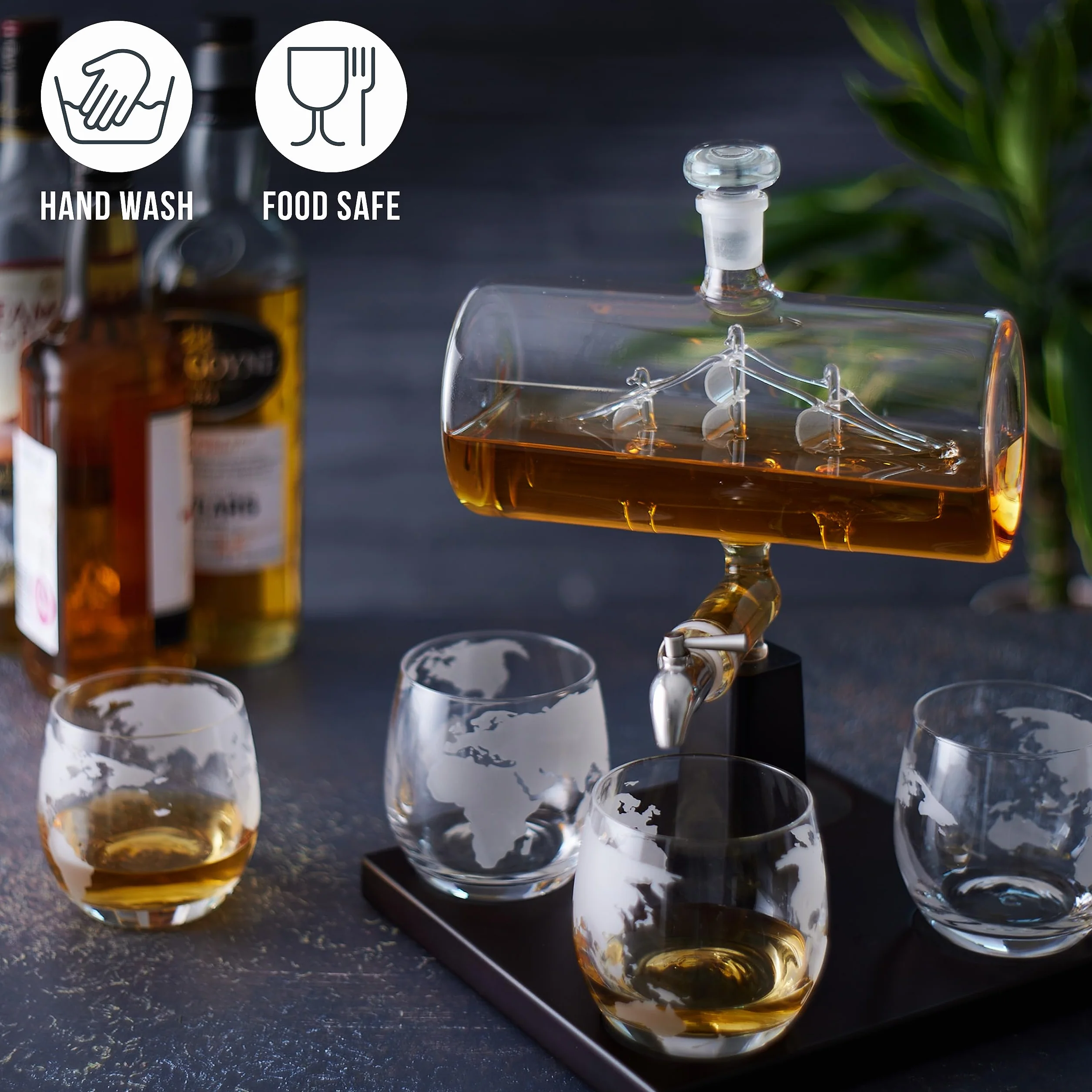 Oak & Steel - Karafka do Whisky (Statek, 1000ml) z Kranem ze Stali Nierdzewnej i 4 Szklankami Whisky (300ml) - Prezent dla Mężczyzn, Urodziny, Dzień Ojca, Boże Narodzenie