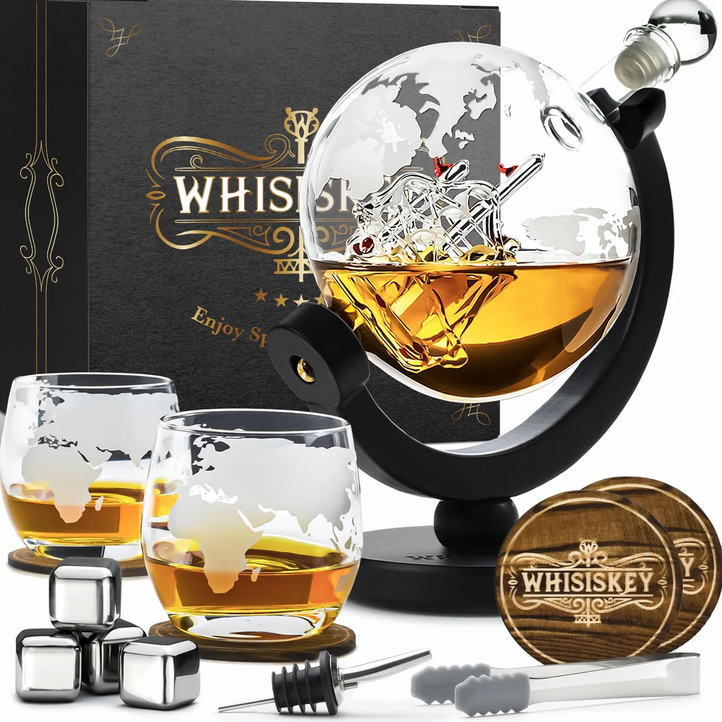 WHISISKEY Zestaw Karafka do Whisky - Zestaw Prezentowy Whiskey - Prezenty dla Mężczyzn - Pomysły na Prezent dla Mężczyzny - Kulista Karafka 900ML, 2 Szklanki do Whisky, 4 Kamienie do Whisky