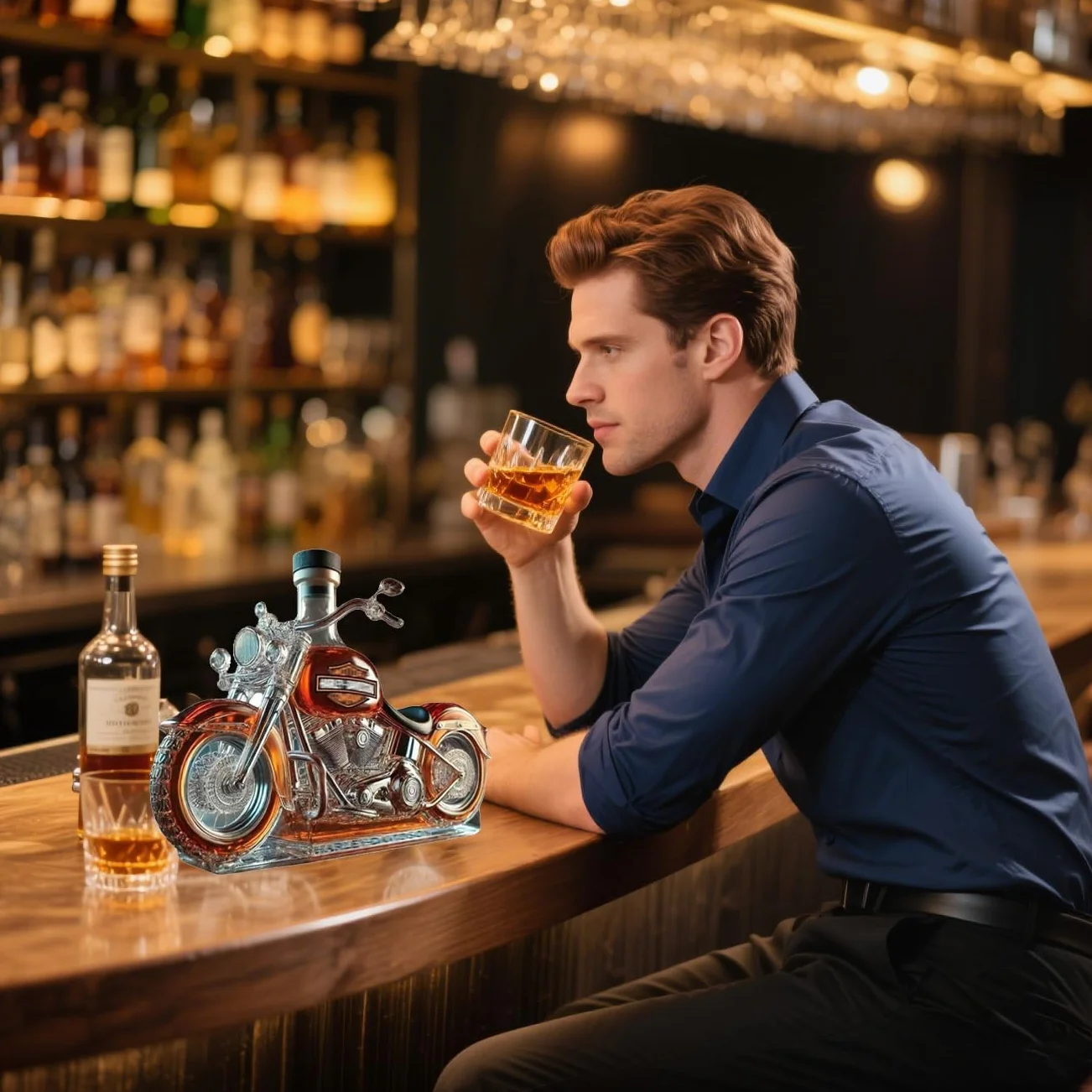 Karafka do whisky w stylu motocyklowym, butelka szklana z trójwymiarową rzeźbioną grafiką V-Twin Reserve (10 uncji), wyjątkowy prezent dla mężczyzn, kolekcjonerów motocykli