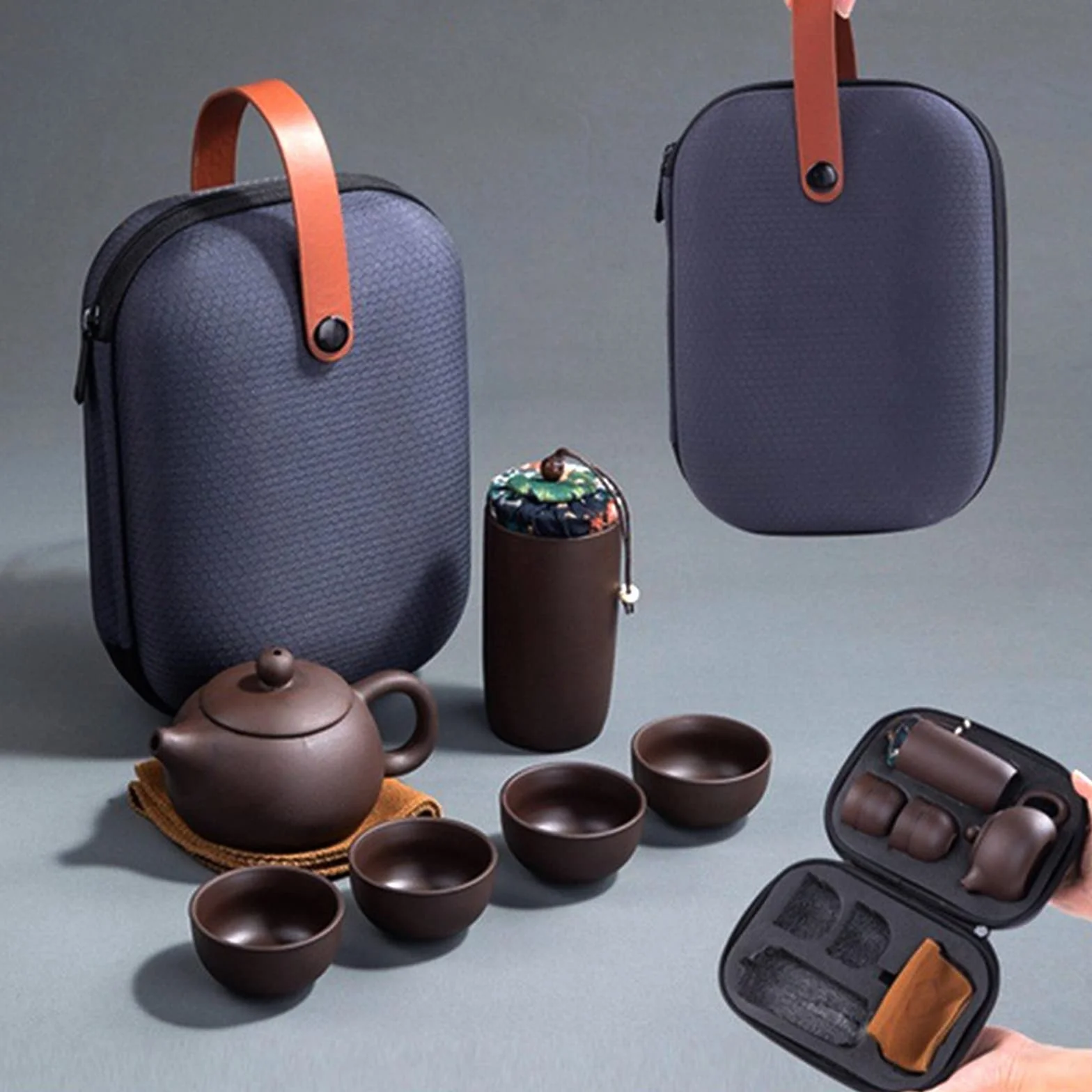 Podróżne zestawy do herbaty ceramiczny chiński kung fu japoński fioletowy gliniany zestaw dzbanka do herbaty tradycyjny ręcznie robiony czajniczek, pojemnik na herbatę, 4 filiżanki, mata do herbaty i