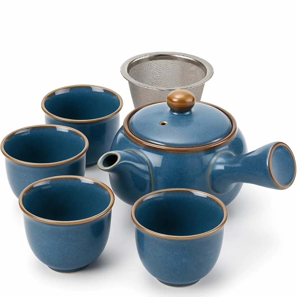 Japoński zestaw do herbaty Kyusu z niebieskiej ceramiki – czajniczek 320 ml z bocznym uchwytem z sitkiem ze stali nierdzewne + 4 filiżanki 110 ml – idealny do herbat Sencha i Gyokuro (Umi)