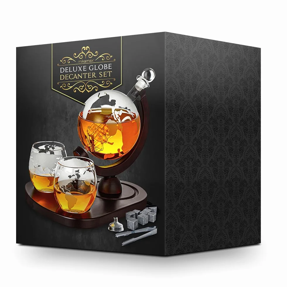 MikaMax – Globe Decanter Deluxe Set – Zestaw Karafek Do Whisky – Ręcznie Wykonany Zestaw Do Whisky – W Tym 2 Szklanki Do Whisky – Przezroczyste – Zestaw Szklanych Karafek