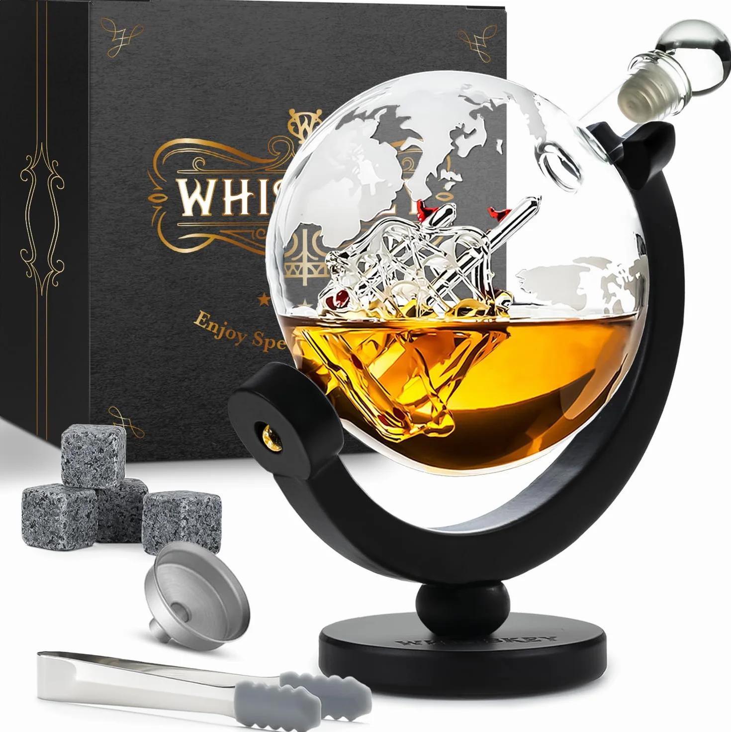 WHISISKEY Zestaw Karafka do Whisky - Zestaw Prezentowy Whiskey - Prezenty dla Mężczyzn - Pomysły na Prezent dla Mężczyzny - Kulista Karafka 900ML, 4 Kamienie do Whisky, Akcesoria
