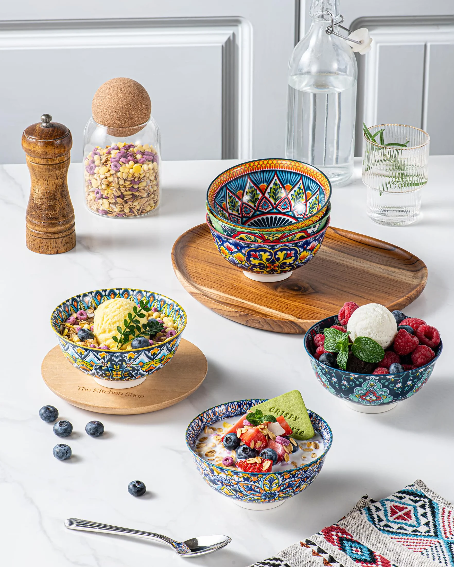 HENXFEN LEAD Porcelanowe miski na płatki śniadaniowe, zupy, lody, desery itp. kolorowe, 6 sztuk, styl boho