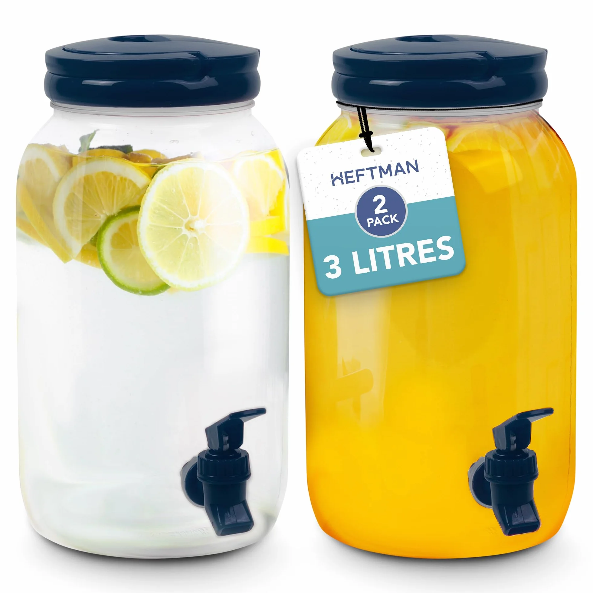 HEFTMAN Plastikowy dozownik do napojów z kranem, 3 l, dozownik zimnej wody z kranem, uchwytem, zakręcaną pokrywką, dozownik wody, koktajle, napary i napoje bezalkoholowe, na imprezy przy grillu, do