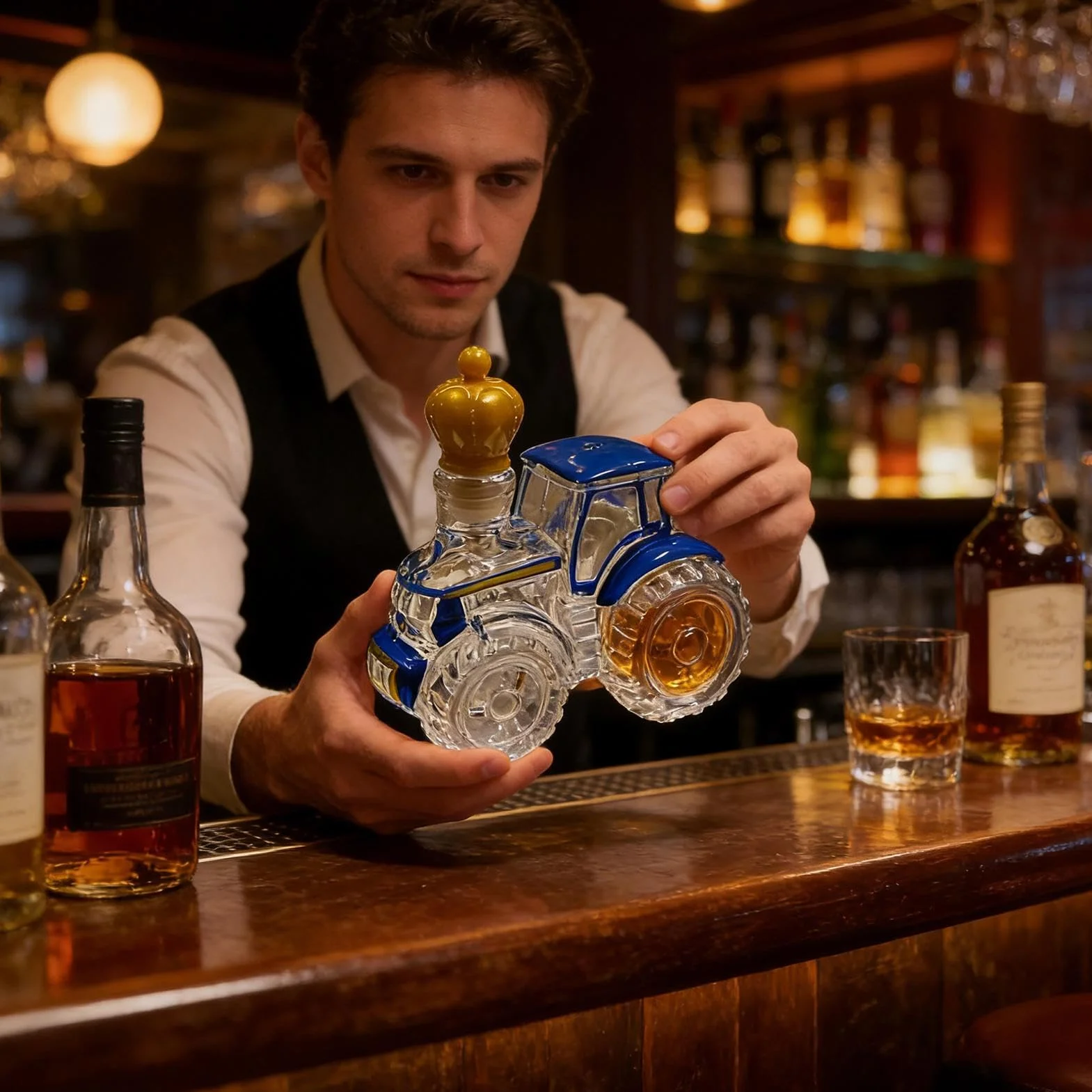 Karafki na alkohol - szklana butelka traktora na uroczystość | szklanka z zabawnym akcentem, wódka burbon, tequila, dekoracja domu, bar, biuro, restauracja, prezent urodzinowy dla mężczyzn i taty