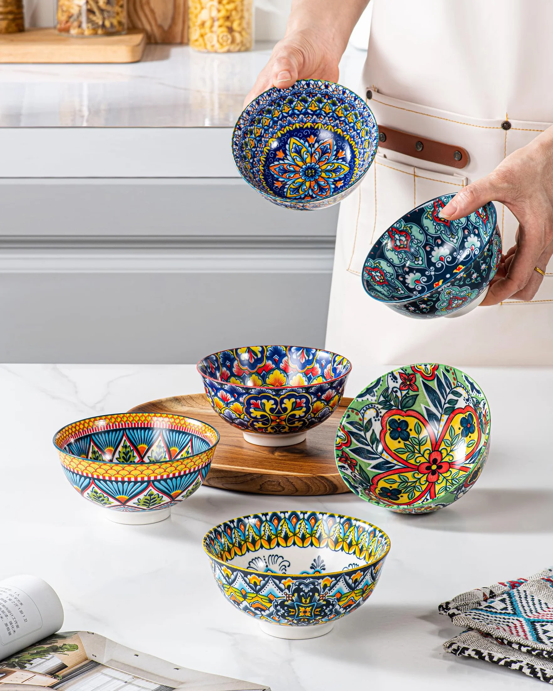 HENXFEN LEAD Porcelanowe miski na płatki śniadaniowe, zupy, lody, desery itp. kolorowe, 6 sztuk, styl boho