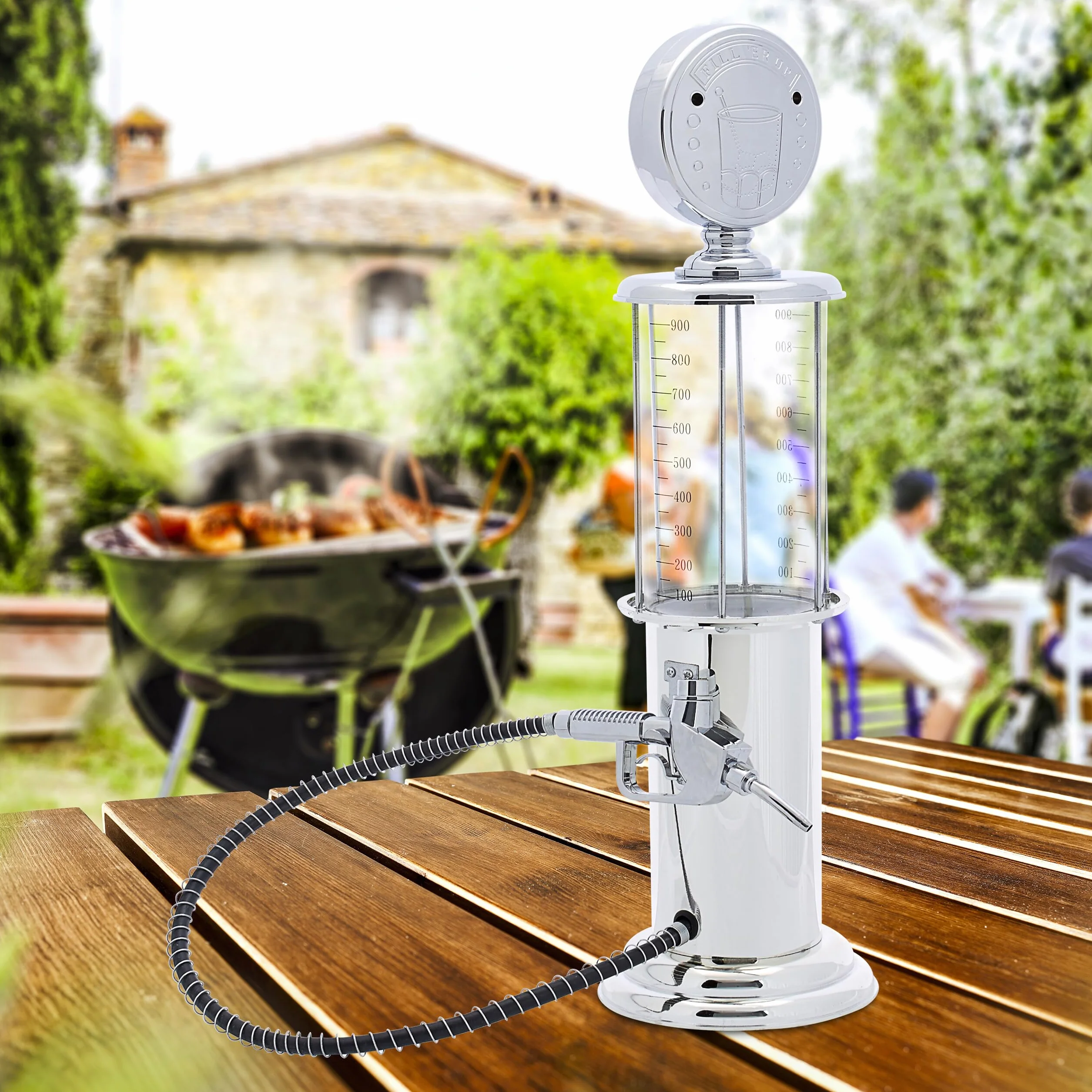Relaxdays Dozownik do napojów jako dystrybutor do piwa, zabawna kolumna z pistoletem, dystrybutor piwa, metal, 900 ml, chromowany