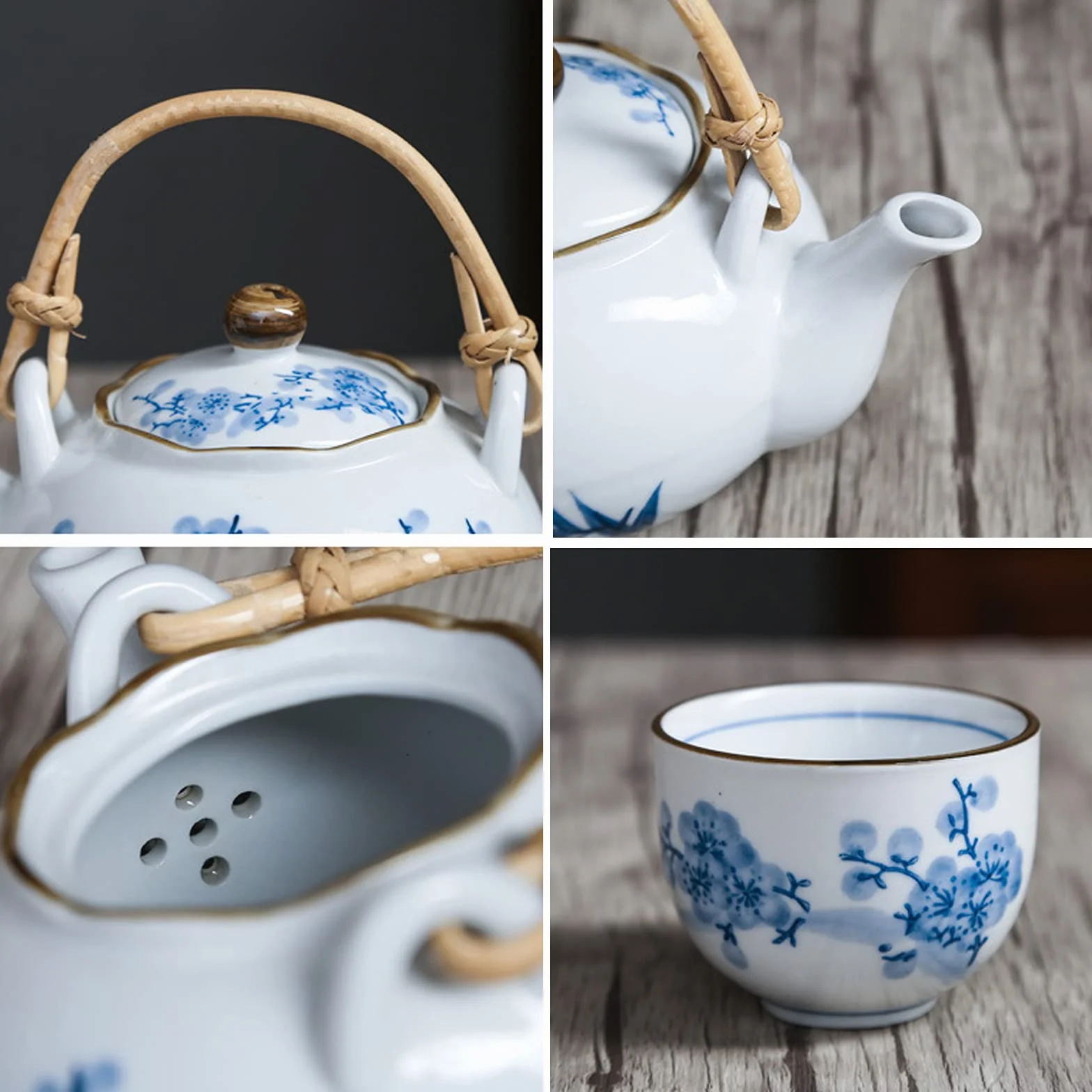 fanquare Japoński niebiesko-biały porcelanowy zestaw do herbaty, wzór kwiatów śliwki, ceramiczny dzbanek do herbaty z trzonkiem rattanowym i 4 filiżankami