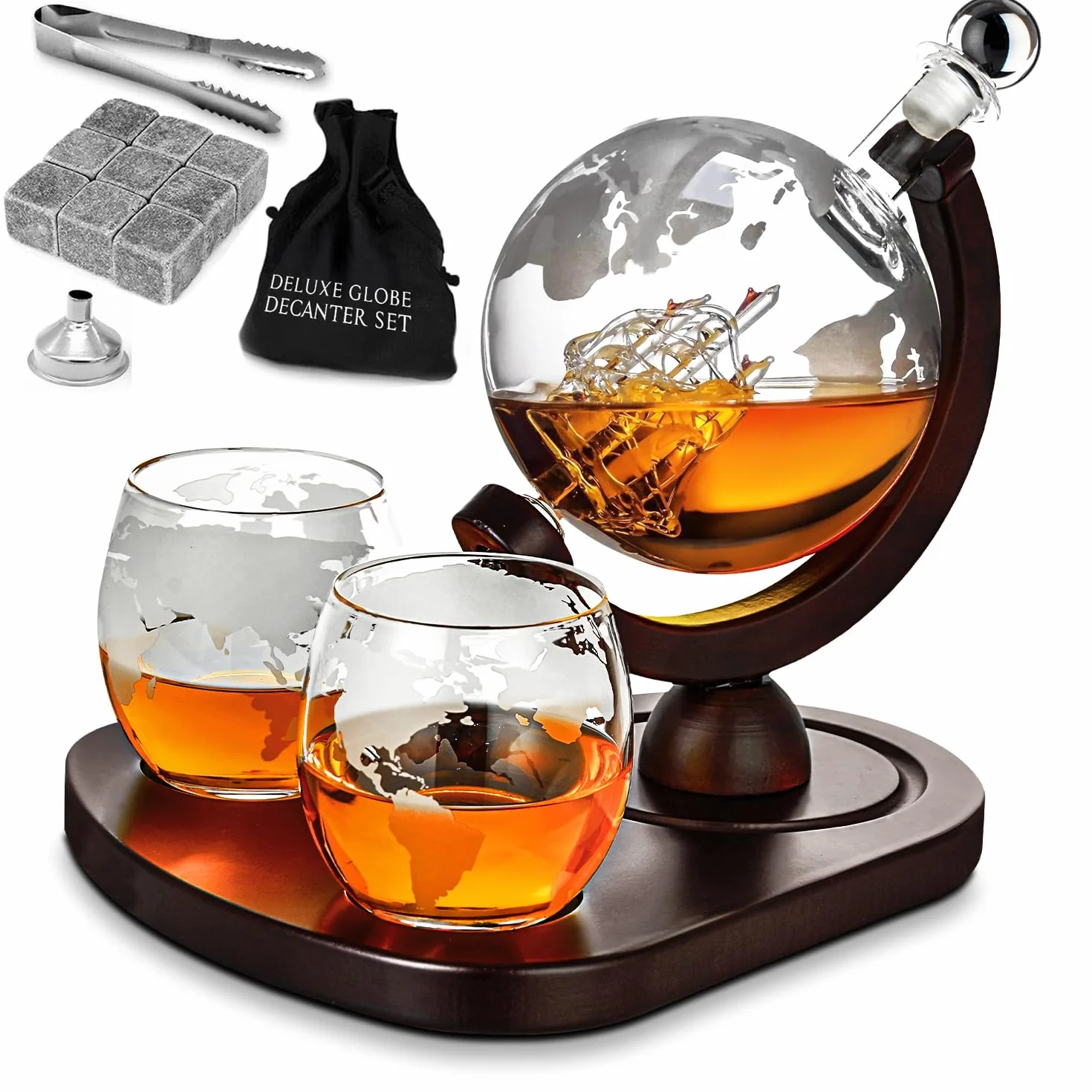 MikaMax – Globe Decanter Deluxe Set – Zestaw Karafek Do Whisky – Ręcznie Wykonany Zestaw Do Whisky – W Tym 2 Szklanki Do Whisky – Przezroczyste – Zestaw Szklanych Karafek