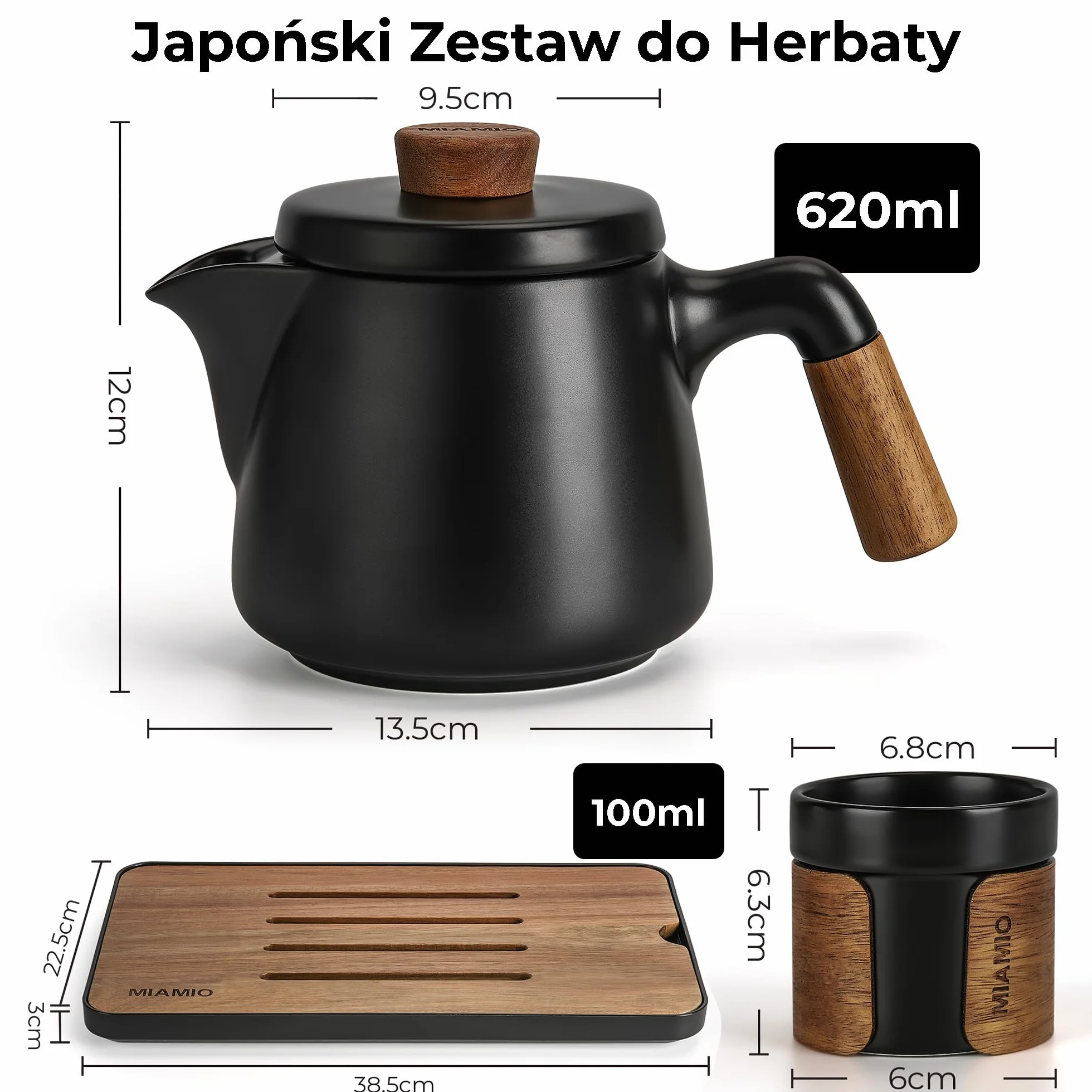 MIAMIO Japoński/chiński zestaw do herbaty, 6 azjatyckich filiżanek (100 ml) z zaparzaczem do herbaty (620 ml), tradycyjny japoński zestaw filiżanek dla miłośników herbaty, mężczyzn, kobiet (czarny)