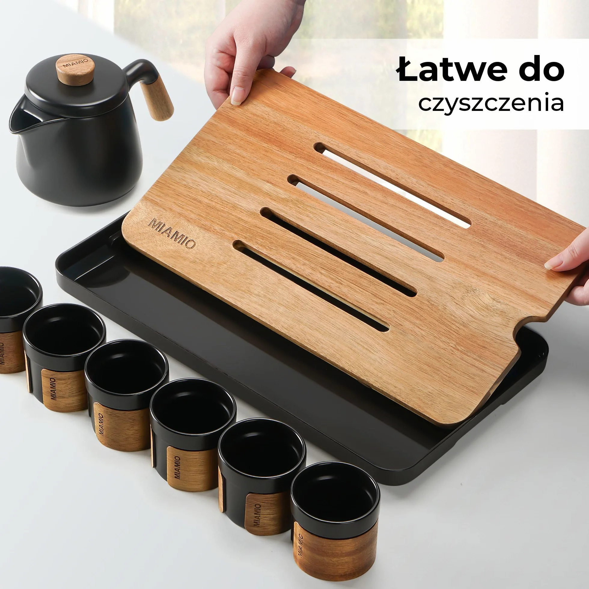 MIAMIO Japoński/chiński zestaw do herbaty, 6 azjatyckich filiżanek (100 ml) z zaparzaczem do herbaty (620 ml), tradycyjny japoński zestaw filiżanek dla miłośników herbaty, mężczyzn, kobiet (czarny)