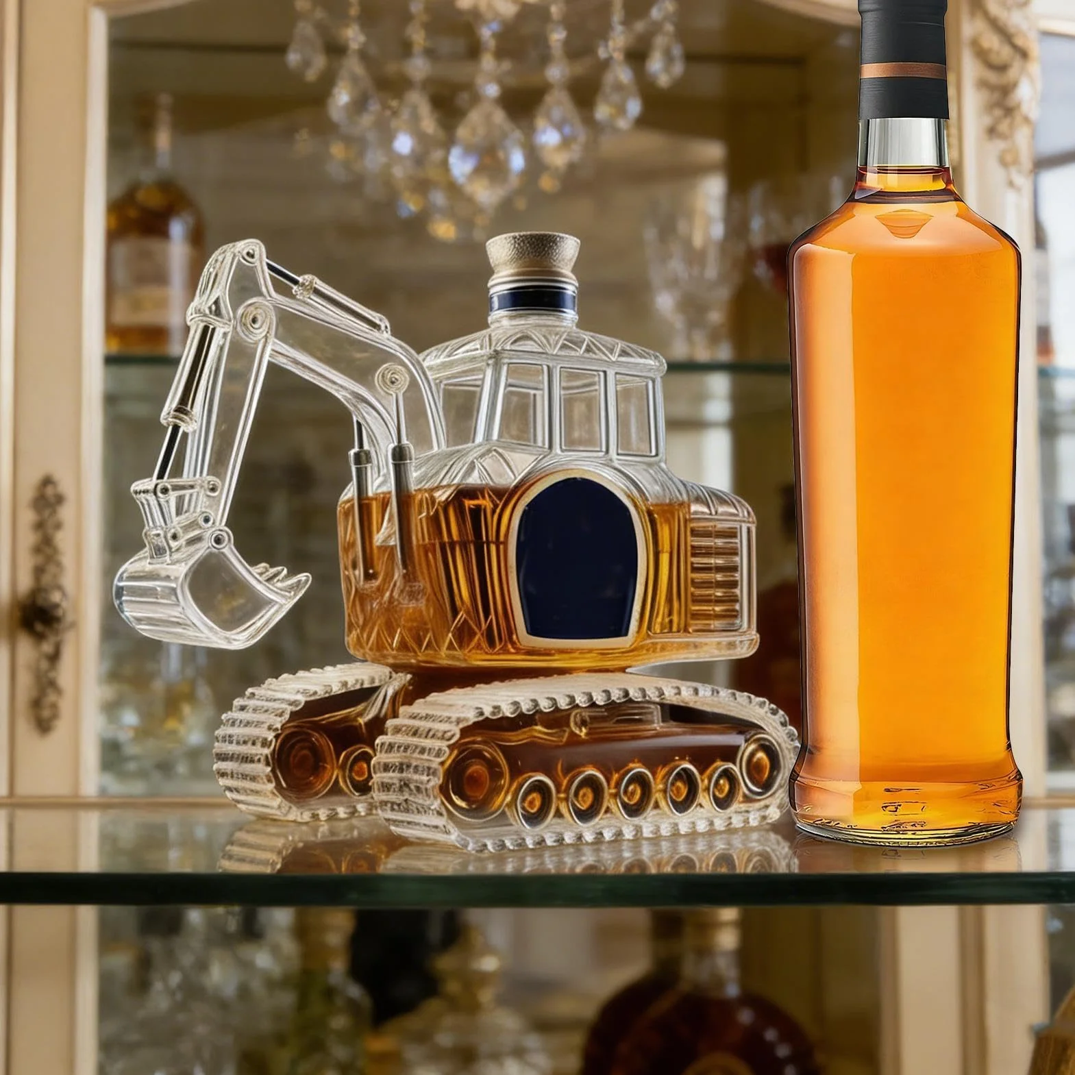 Butelka na whisky - szklana butelka w kształcie koparki dozownik alkoholu, szklana karafka na alkohol statuetka - dla mężczyzn taty ojców urodziny ślub parapetówka bar