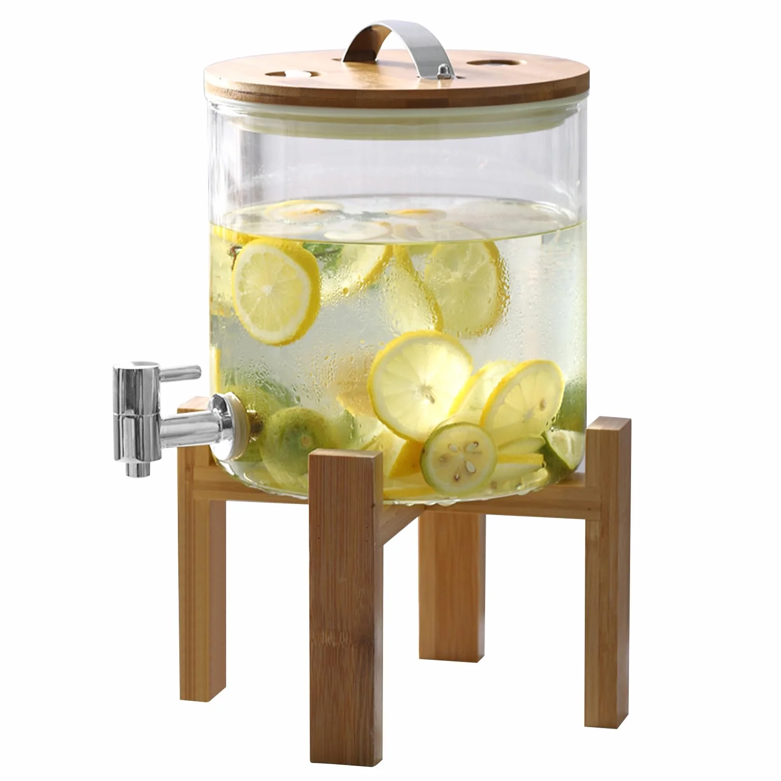 Szklany dozownik napojów, 5L szklany dozownik wody mrożonej z kranem, pokrywką i drewnianym stojakiem, karafka do whisky, szklana beczka na wino do gorących lub zimnych napojów, koktajli, soków