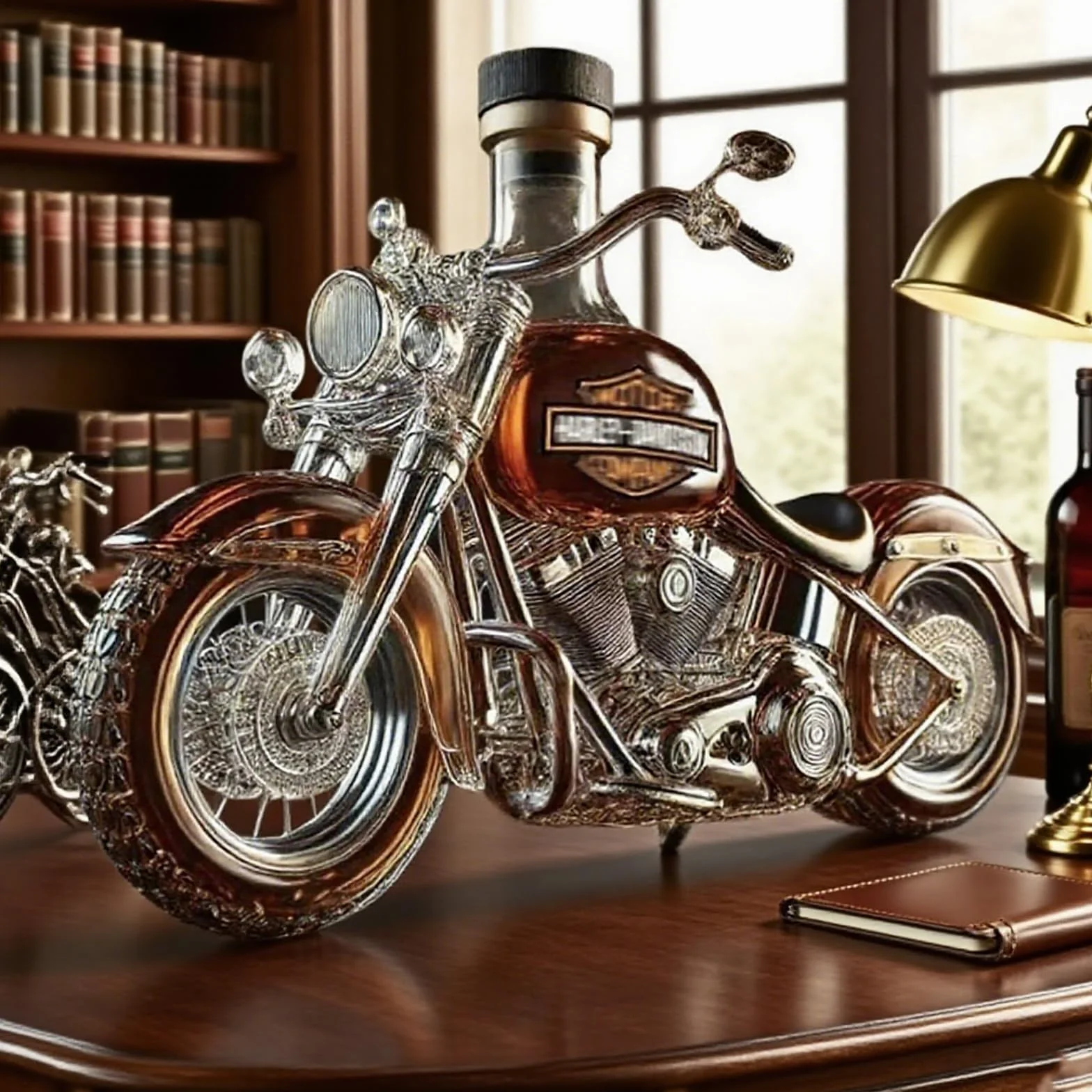 Karafka do whisky w stylu motocyklowym, butelka szklana z trójwymiarową rzeźbioną grafiką V-Twin Reserve (10 uncji), wyjątkowy prezent dla mężczyzn, kolekcjonerów motocykli