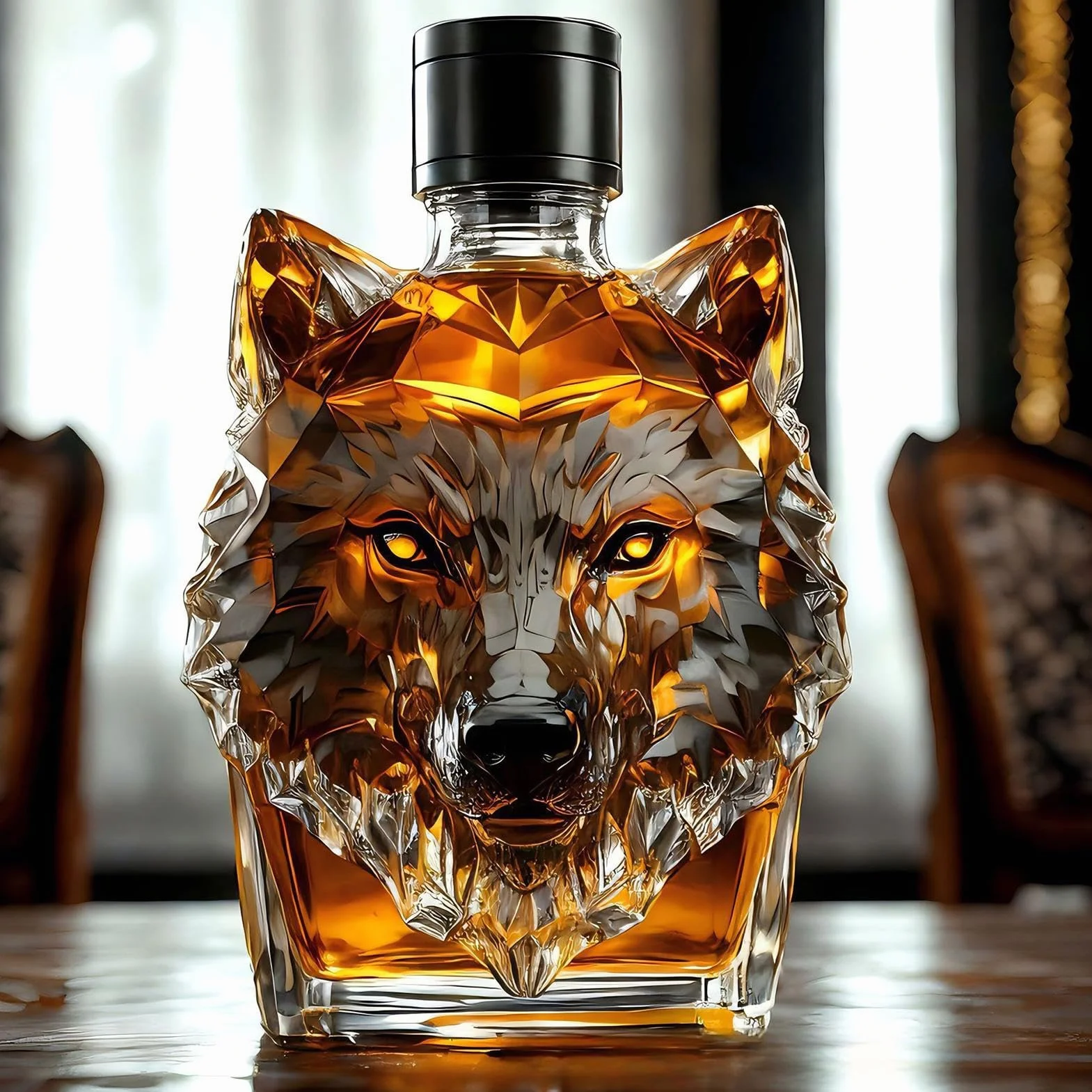 Wolf butelka do whisky, w stylu vintage, wilk, karafka do whisky z herbem, wytrzymała i funkcjonalna konstrukcja do domowego baru, kolekcjonerskiego, likieru z motywem zwierzęcym