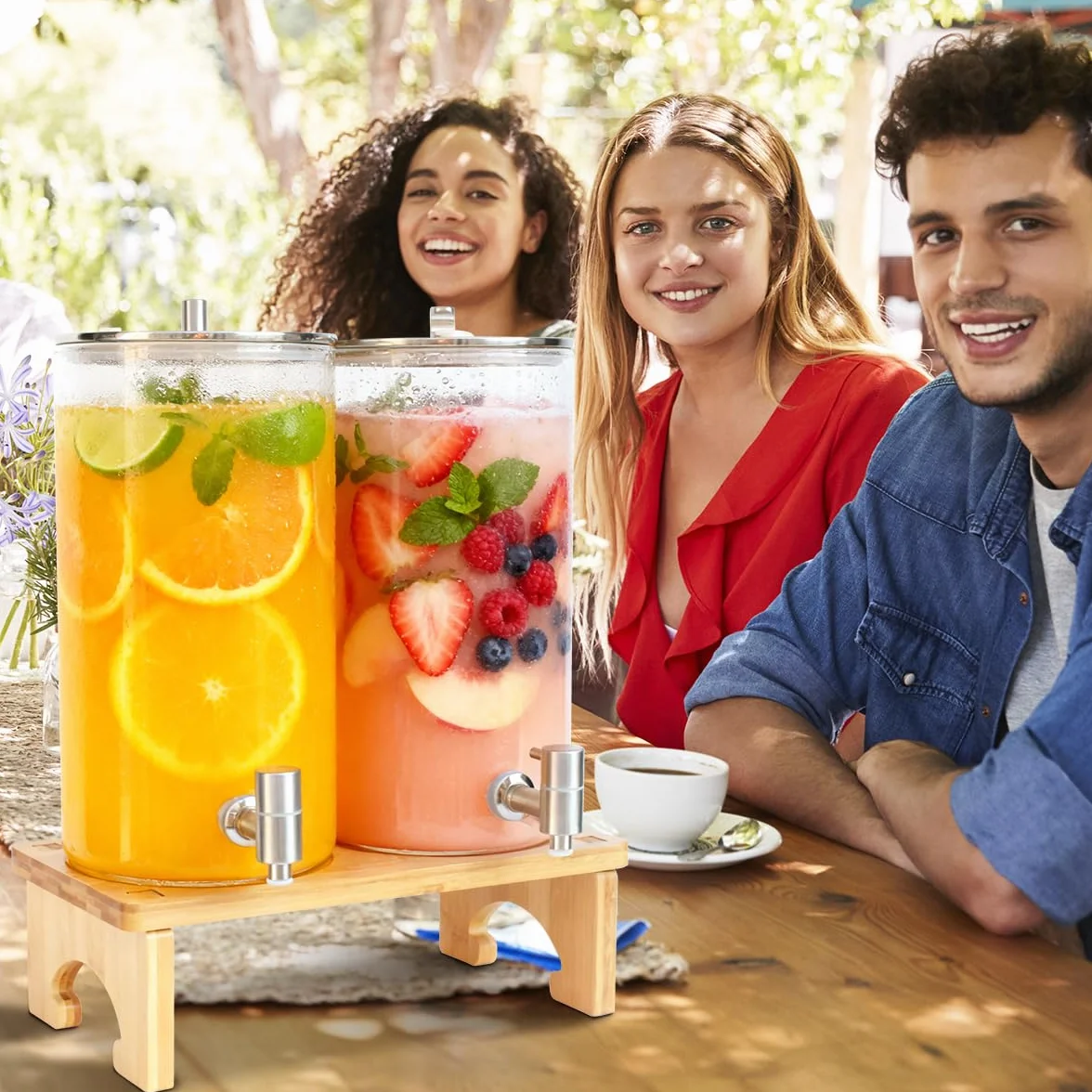 2 x 6 l dozownik do napojów ze stojakiem, szklany dozownik do napojów z kranikiem z litej stali nierdzewnej, do mrożonych soków, wody, domowych napojów, imprez, wesel