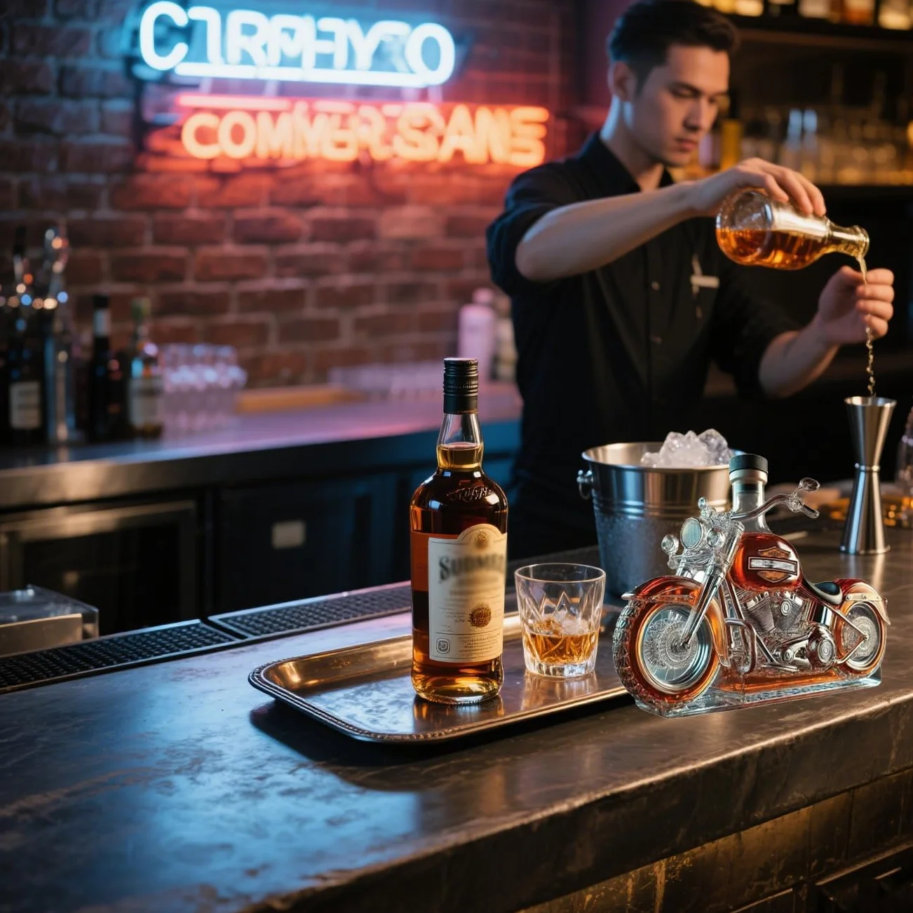 Karafka do whisky w stylu motocyklowym, butelka szklana z trójwymiarową rzeźbioną grafiką V-Twin Reserve (10 uncji), wyjątkowy prezent dla mężczyzn, kolekcjonerów motocykli